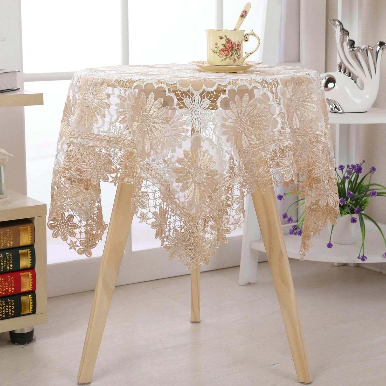Tischdecke Abwaschbar 150x150 cm, Blume Stickerei - Polyester