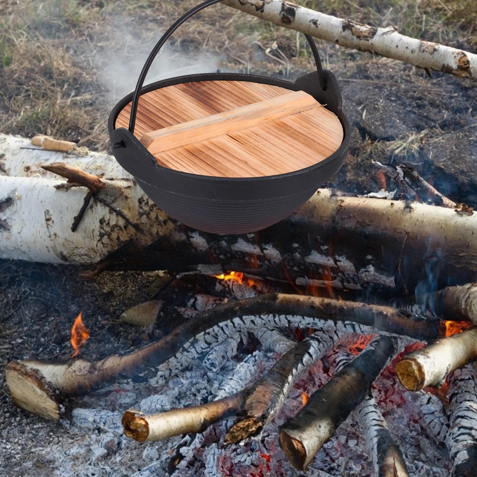 Tofficu Gusseiserner Outdoor Kochtopf 1 Satz Leichter Tragbarer Camping Hot Pot aus Gusseisen mit Holzgriff für Camping und Familienfeiern