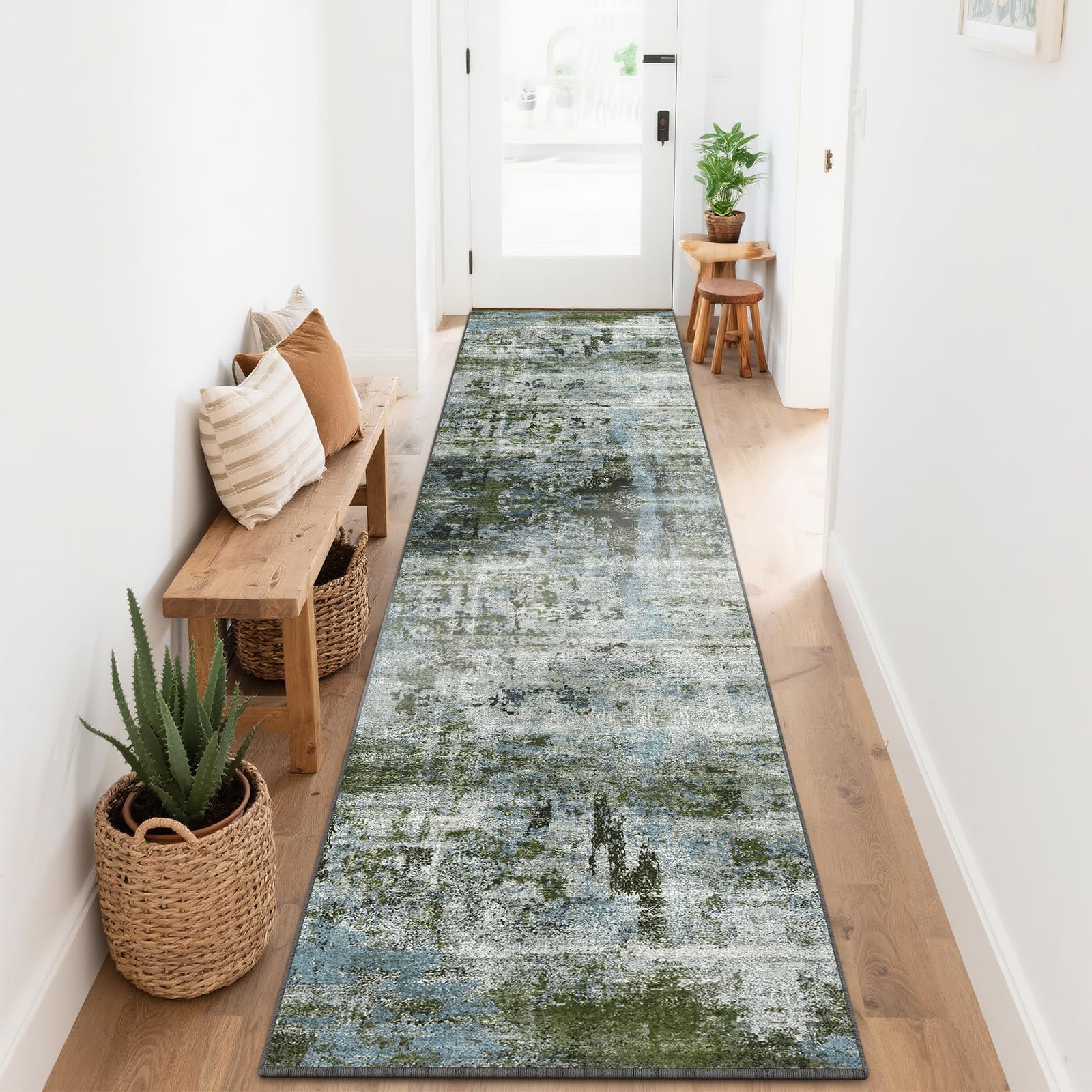 SOANNY Runner Rug, 80x300 cm Abstract Low Pile Carpet, Non-Slip Washable Area Mat for Bedroom, Hallway, Kitchen, Laundry, Entryway, Utility, Beside Sofa, Office, Moss Green