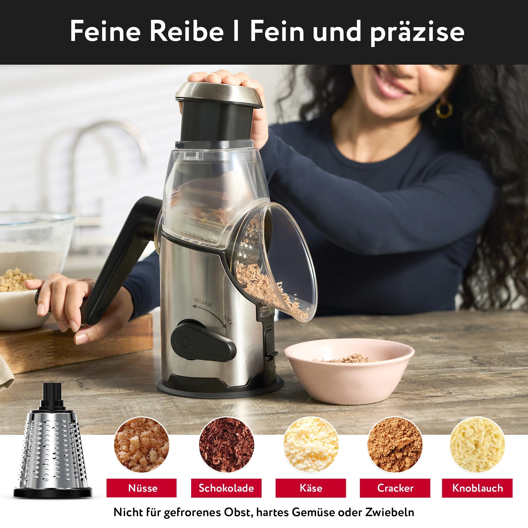 Rotary Käsereibe mit Kurbel - Schnelles und Einfaches Schneiden Edelstahl Gemüsehobel mit 3 austauschbare Trommelklingen - Rutschfeste Basis - Küchenreibe für Gemüse Käse Nüsse Karotten Kartoffeln