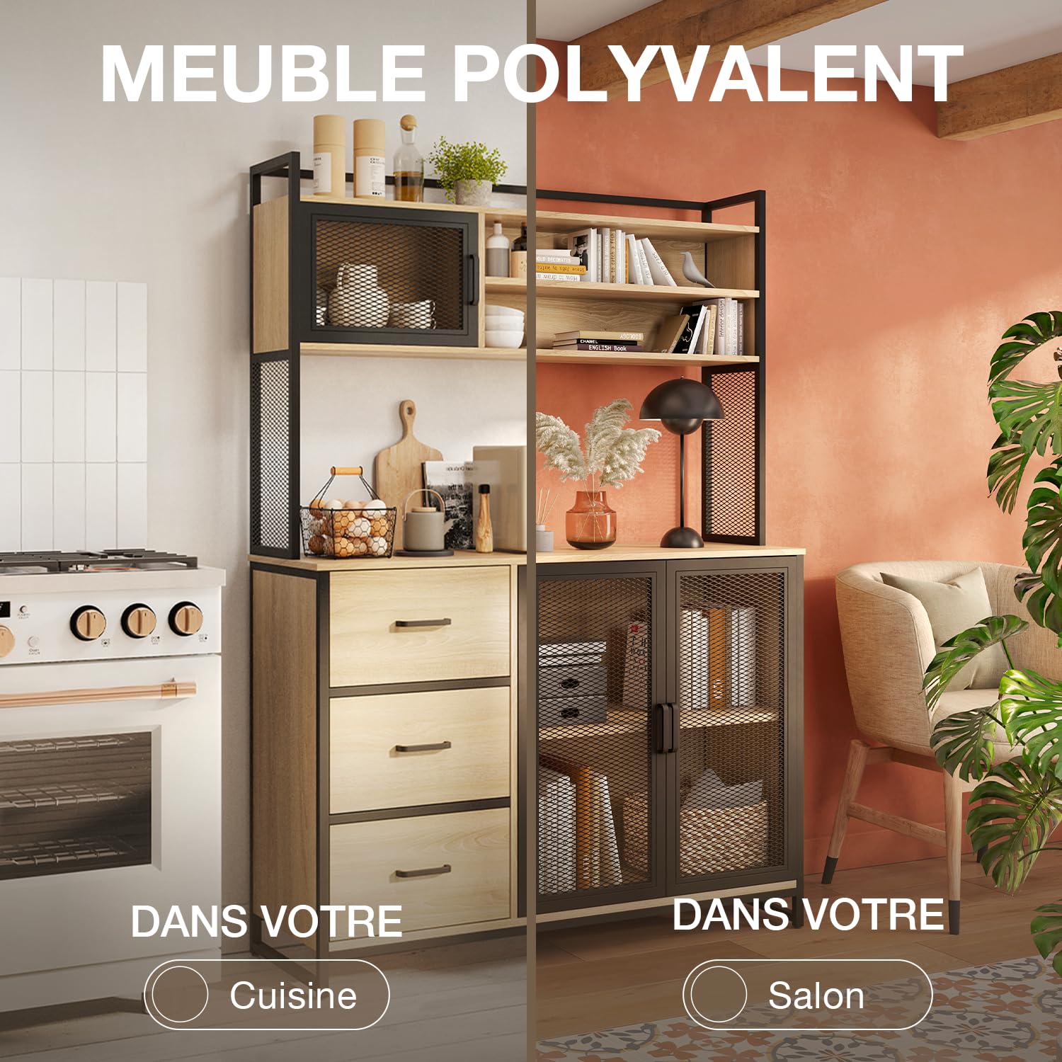 CATAVANA - Buffet Multifonctionnel 116 x 40 x 170 cm - Design Moderne pour Cuisine, Salon ou Bureau - Meuble de 3 Portes et 3 Tiroirs pour un Rangement Optimal de Vos Ustensiles, Livres et Décorations