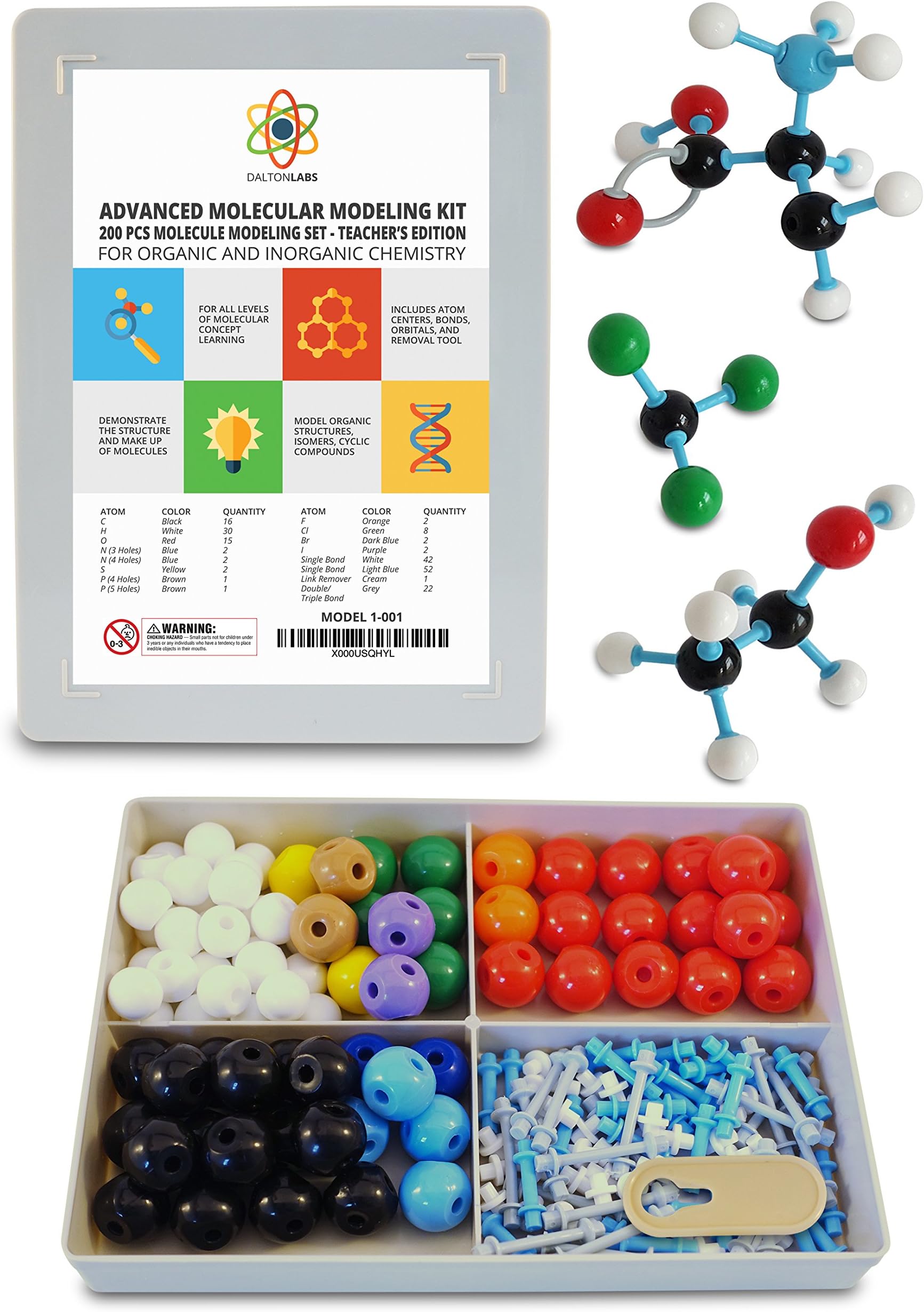 Molecular Model Kit with Molecule Structure Building Software - Dalton Labs Organic Chemistry Set - 200pcs Teacher Edition - Atoms, Bonds, Orbitals, Links - Advanced Learning Science Educational Toys
