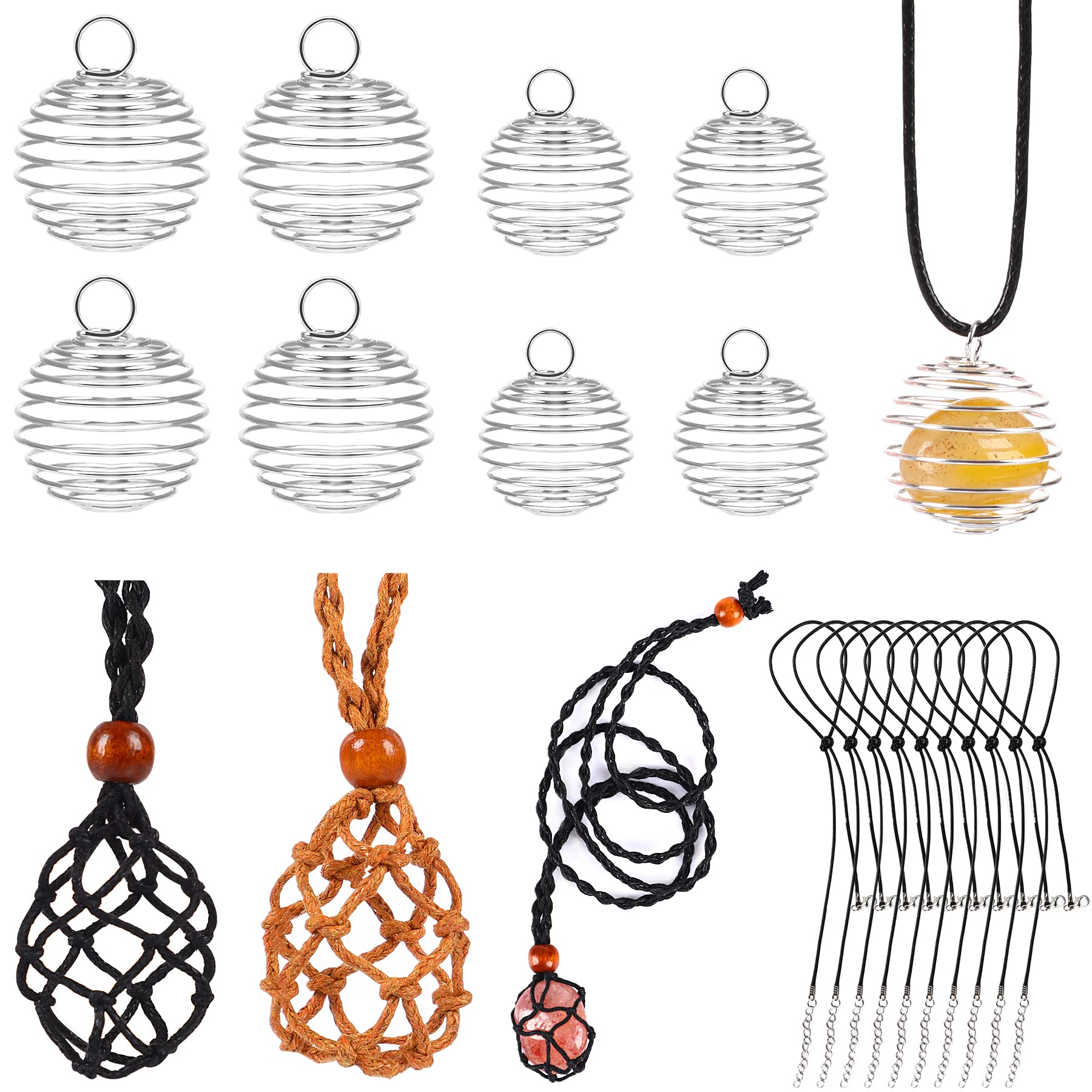 NOVWANG 20 Pieces Crystal Necklace Holder, NOVWANG 2Pcs Adjustable Hand-woven Quartz Stone Netted Necklace Cord 8Pcs Silver Spiral Bead Cages Pendants and 10Pcs Black Wax Ropes for DIY Crafts (Silver)