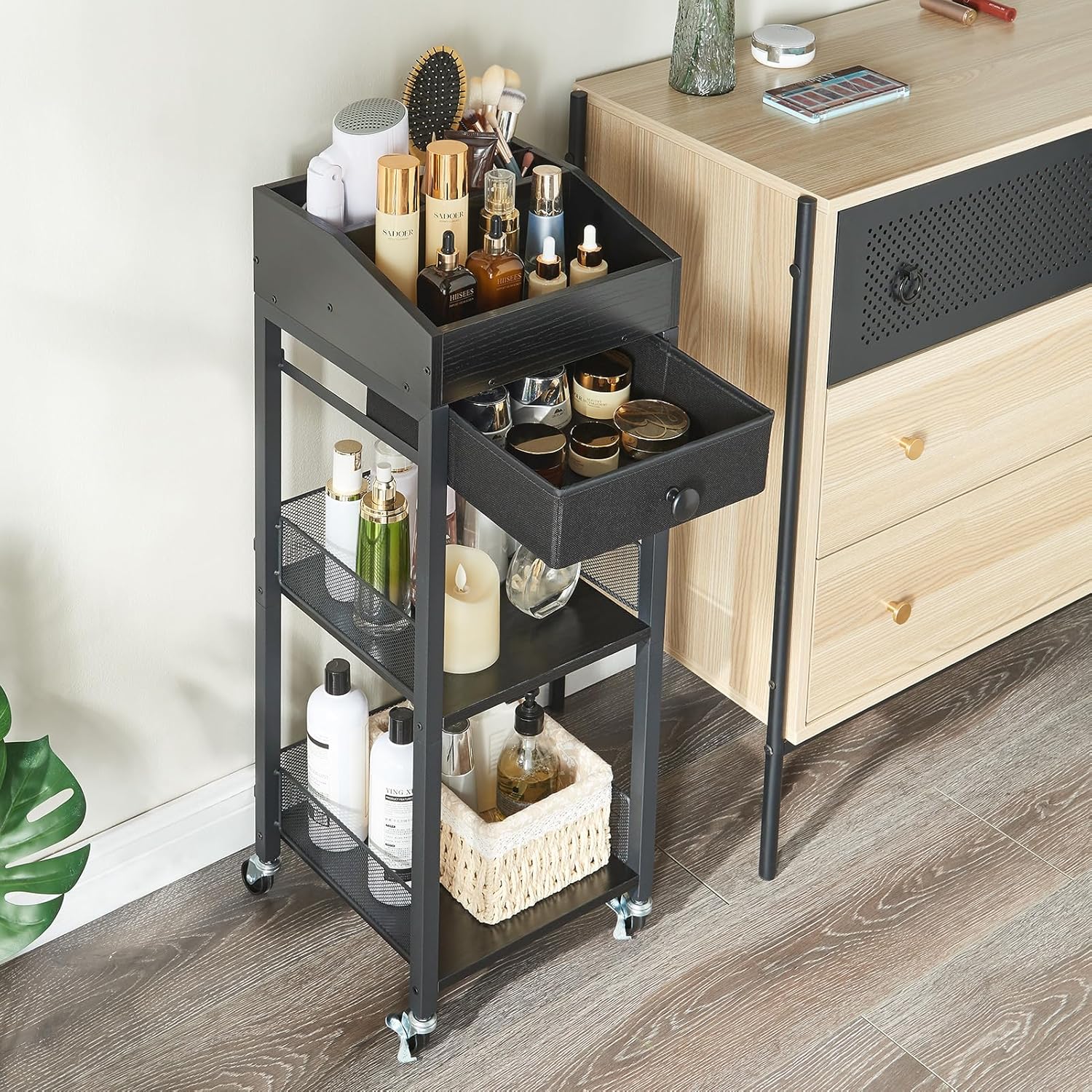 Makeup Organizer Cart,3 Tier Floor Make up Storage Stand with Drawer, Free Standing Skincare Cosmetic Display Holder with Wheels for Vanity Bedroom Dresser Bathroom(Black)