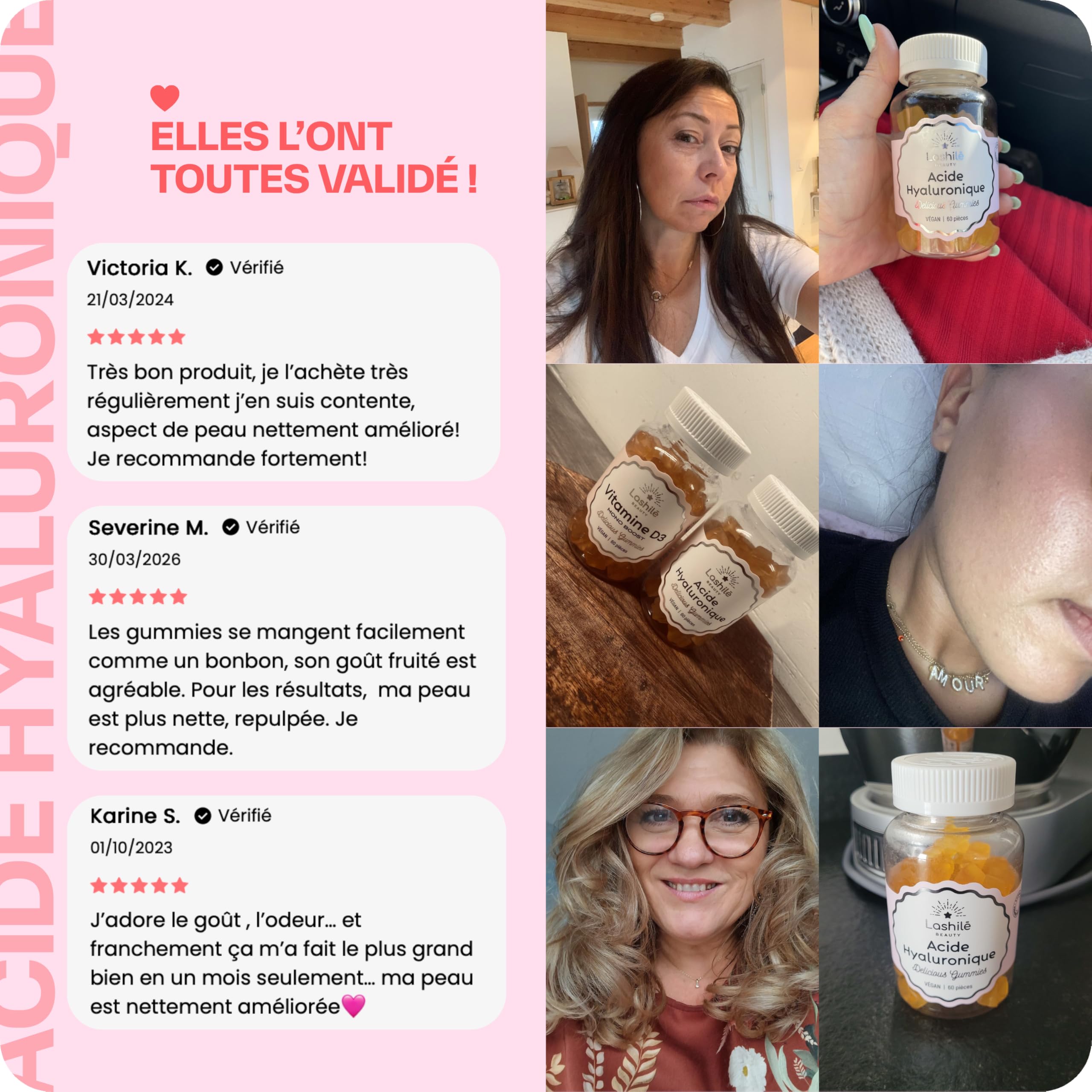 Lashilé Beauty - Complément Alimentaire - Favoriser l'éclat et l'élasticité de la peau - Mono Ingredient - Acide Hyaluronique - Made in France - Cure 3 Mois 180 Gummies