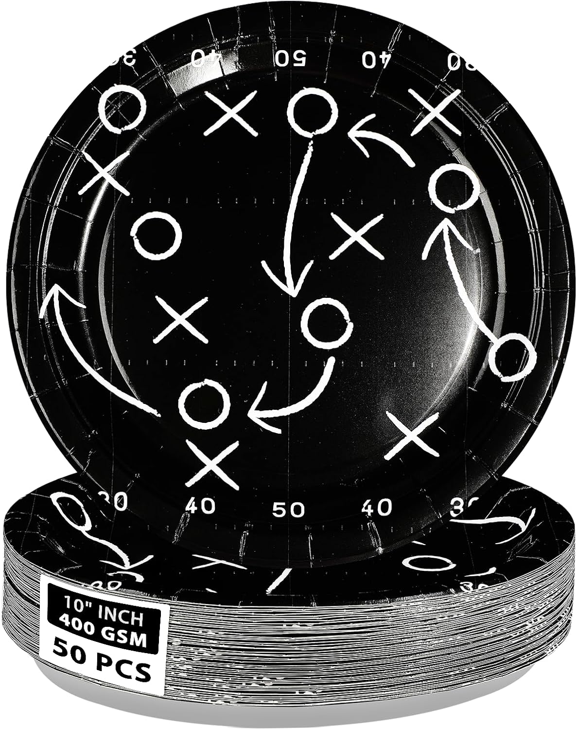 50Pcs Black Football Paper Plates 10" Large Disposable Heavy Duty Football Court Paper Platters Sport Theme Dessert Plates for Sports Birthday Dinner Party Supplies
