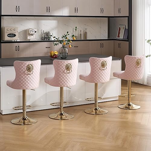 Miniatura 107 de Juego de 4 taburetes de bar giratorios ajustables de terciopelo con respaldo copetudo, ribete de cabezas de clavos y anillo de tracción, sillas de