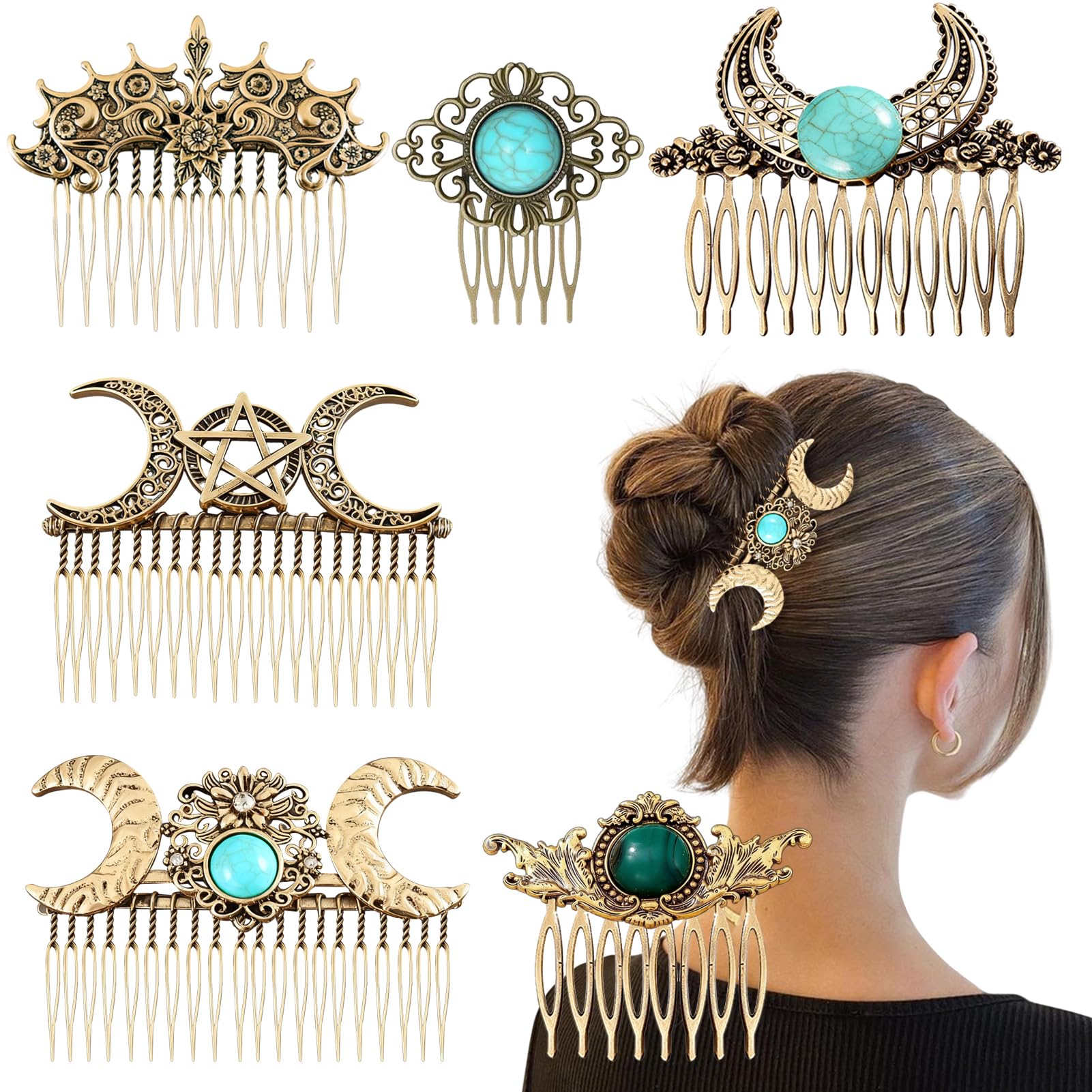 6 Pack Vintage Hair Side Combs For Women Gem Decorative Hair Combs, INLAZTIM Retro Gold Metal Hair Comb Clips With Teeth Grip For Wedding Hair Accessories