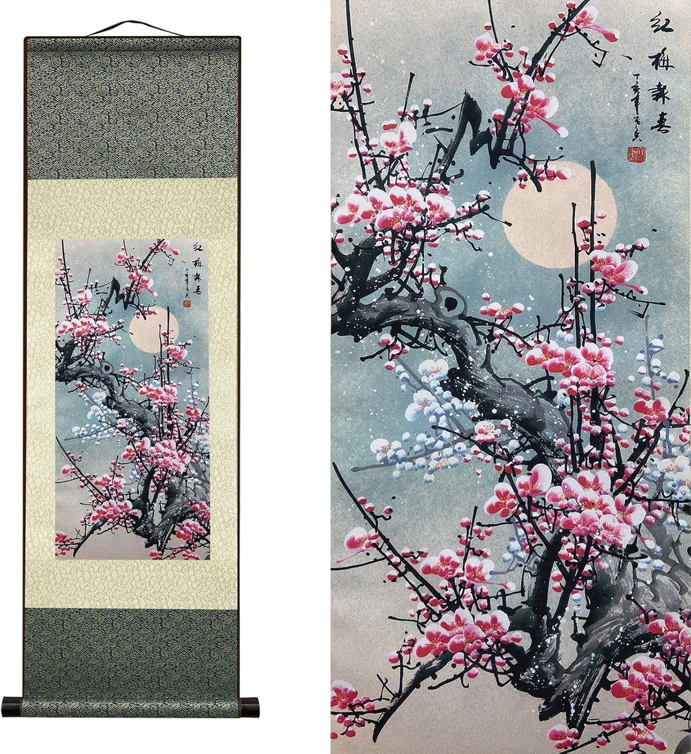 Atfart B-051 Silk Scroll Painting Asian Wall Decor Flowers - Plum - Red Plum Primula Primula Rubra Mountain Chinese Art Wall Scroll Hanging Painting Scroll Oriental Decor (36.2X12in)