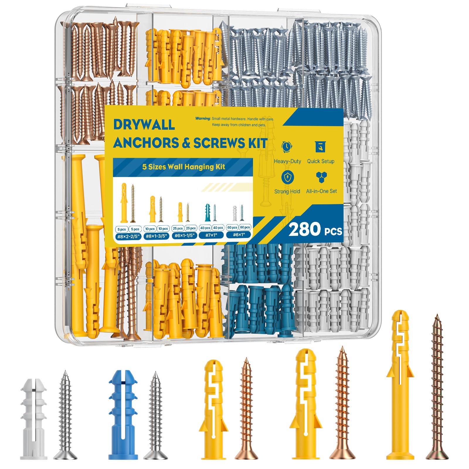 Uniclife Drywall Anchors and Screws Kit, Strong Wall Anchors for Drywall, Drywall Screws Assortment Kit, Concrete Screws, 5 Sizes Wall Hanging Kit for Picture, Art & Decor, 280 PCS