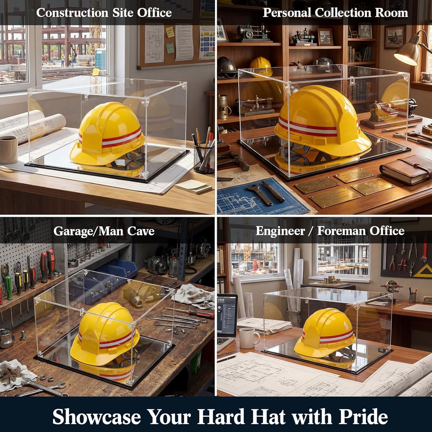 Large Acrylic Display Case for Hard Hats Safety Helmets, 15 x 12 x 8.6 Inches Clear Storage Box, Multi-Size Design Organize for Helmets, Memorabilia, Caps Sneakers, Collectibles