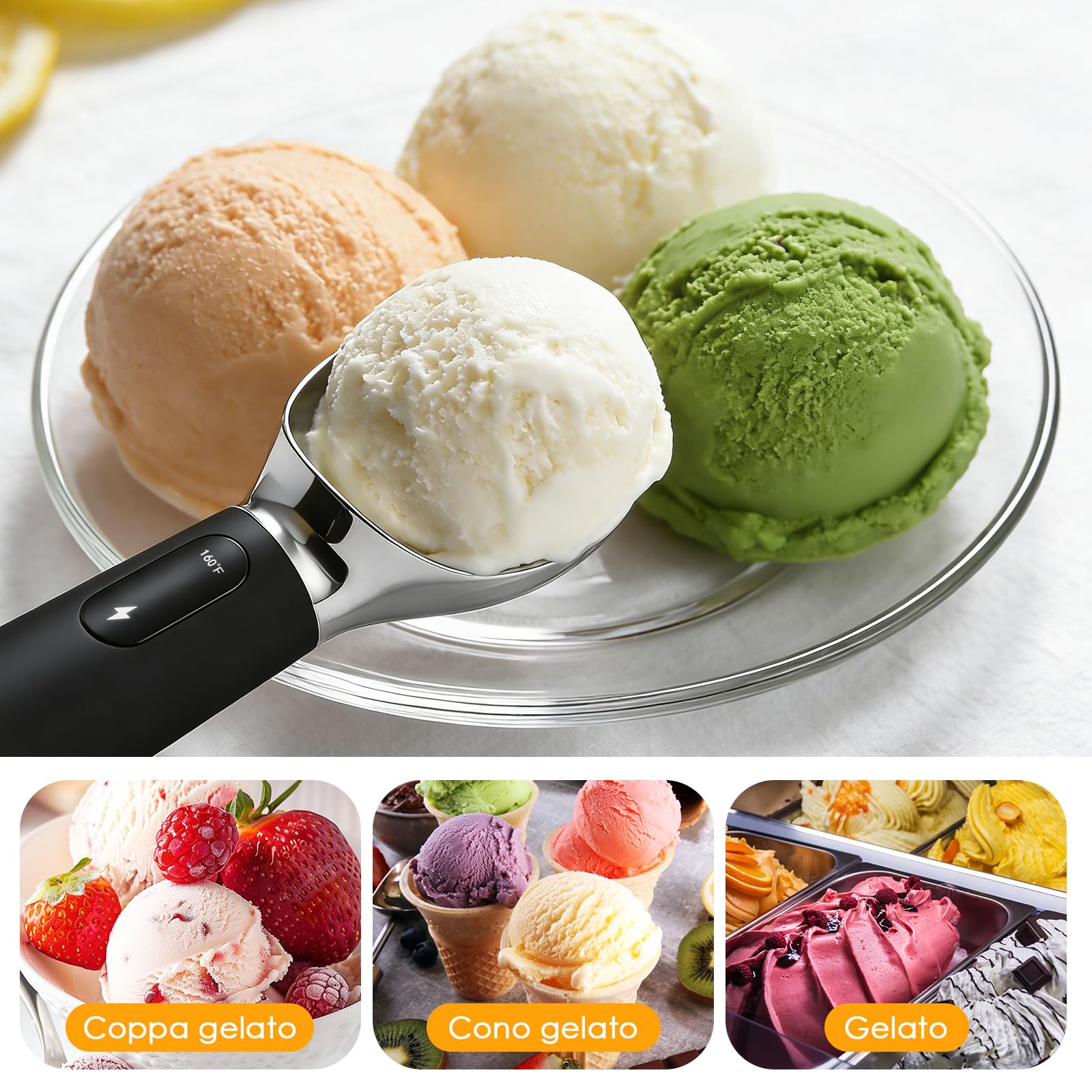 Cucchiaio Gelato, Paletta per Gelato Elettrica Riscaldata con 3 Posizioni di Riscaldamento, Ricaricabile, Impermeabilità IPX7, Porzionatore Antiaderente, Ice Ball Scoop for Hard lce Cream