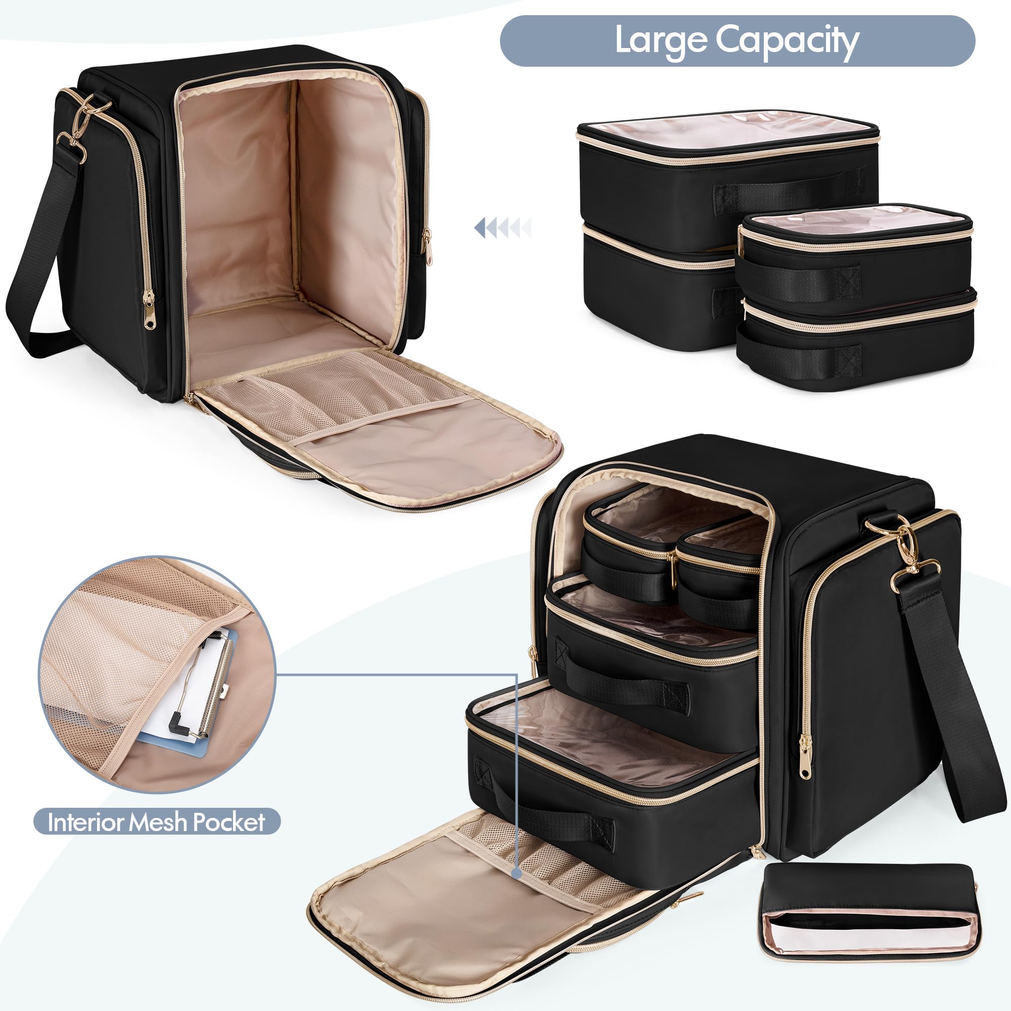 Sac de Rangement pour Médicaments avec 5 Poches Amovibles, Sac Organisateur de Flacons de Pilules avec Bandoulière, Grand Sac de Voyage pour Médicaments pour Fournitures Médicales, Noir