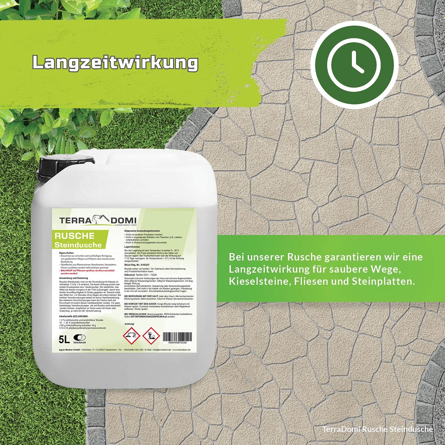 TerraDomi Rusche Steindusche, 10 Liter Konzentrat, Steinreiniger für bis zu 4000 m², Reinigungsmittel für saubere Wege & Plätze, Wegerein, biologisch abbaubar - BAuA Nr. N-93337