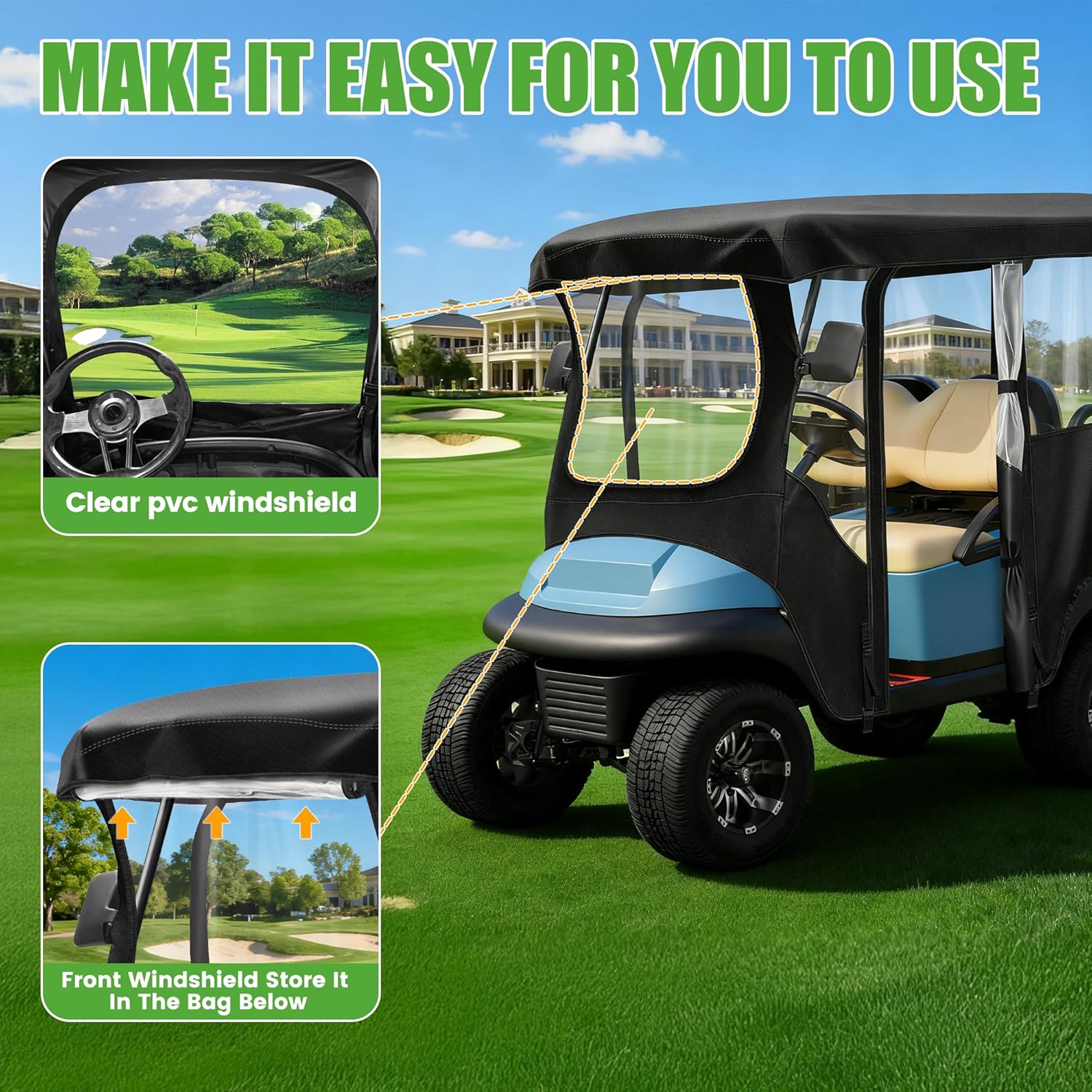 10L0L Golf Cart Enclosure 600D for 4 Passenger Club Car Precedent, 94.5'' Extended Roof with Security Side Mirror Openings, Waterproof Portable Transparent Golf Cart Cover Storage Driving Enclosure