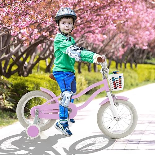Miniatura 7 de HONEY JOY Bicicleta para niños de 12, 14, 16, 18, 20 pulgadas, con ruedas de entrenamiento, freno de mano y freno de posavasos, cadena totalmente