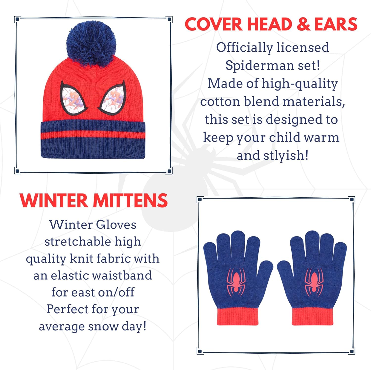 Marvel Spider-Man Kid’s Winter Hat and Snow Gloves for Boys and Toddlers, 2 Pc. Set, Pom-Pom Beanie with Warm Mittens - Image 2