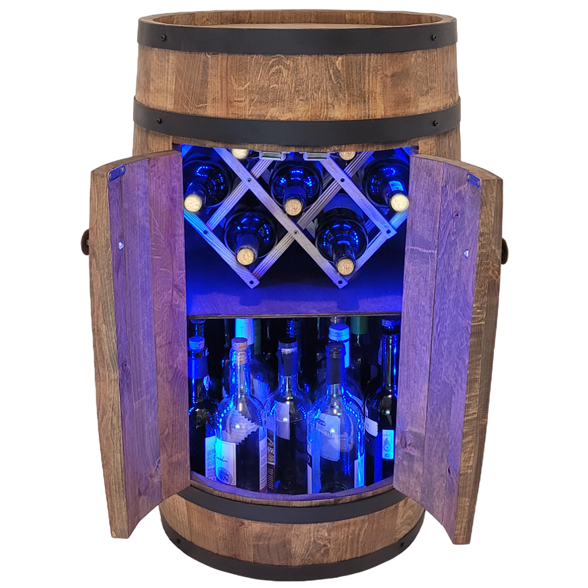 Barile A LED RGB Per Vino In Legno Di Ontano | Portabottiglie Rustico 80x50 Cm Con Luci Colorate E Telecomando | Regalo Per Amanti Del Vino