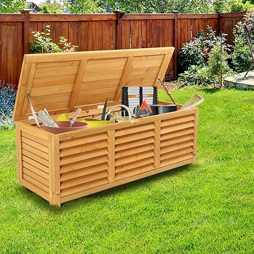 Miniatura 6 de VINGLI Caja de madera de 47 galones, caja de almacenamiento al aire libre para herramientas, cojines, banco de almacenamiento para patio trasero,
