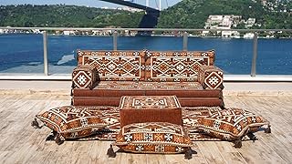 Traditional Turkish Sofa, Arabic Floor Couch, Reading Loveseats, 8" Thickness Moroccan Floor Seating Set, Moroccan Cushion, Ethnic Floor Cushion (Sofa + Rug + Ottoman)
