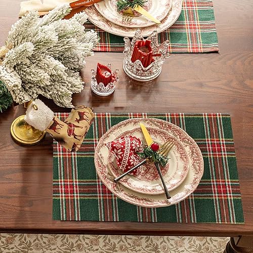 Miniatura 3 de Softalker Juego de manteles individuales de Navidad a cuadros de 4-12 x 18 pulgadas, manteles individuales de Navidad a cuadros verdes, resistentes