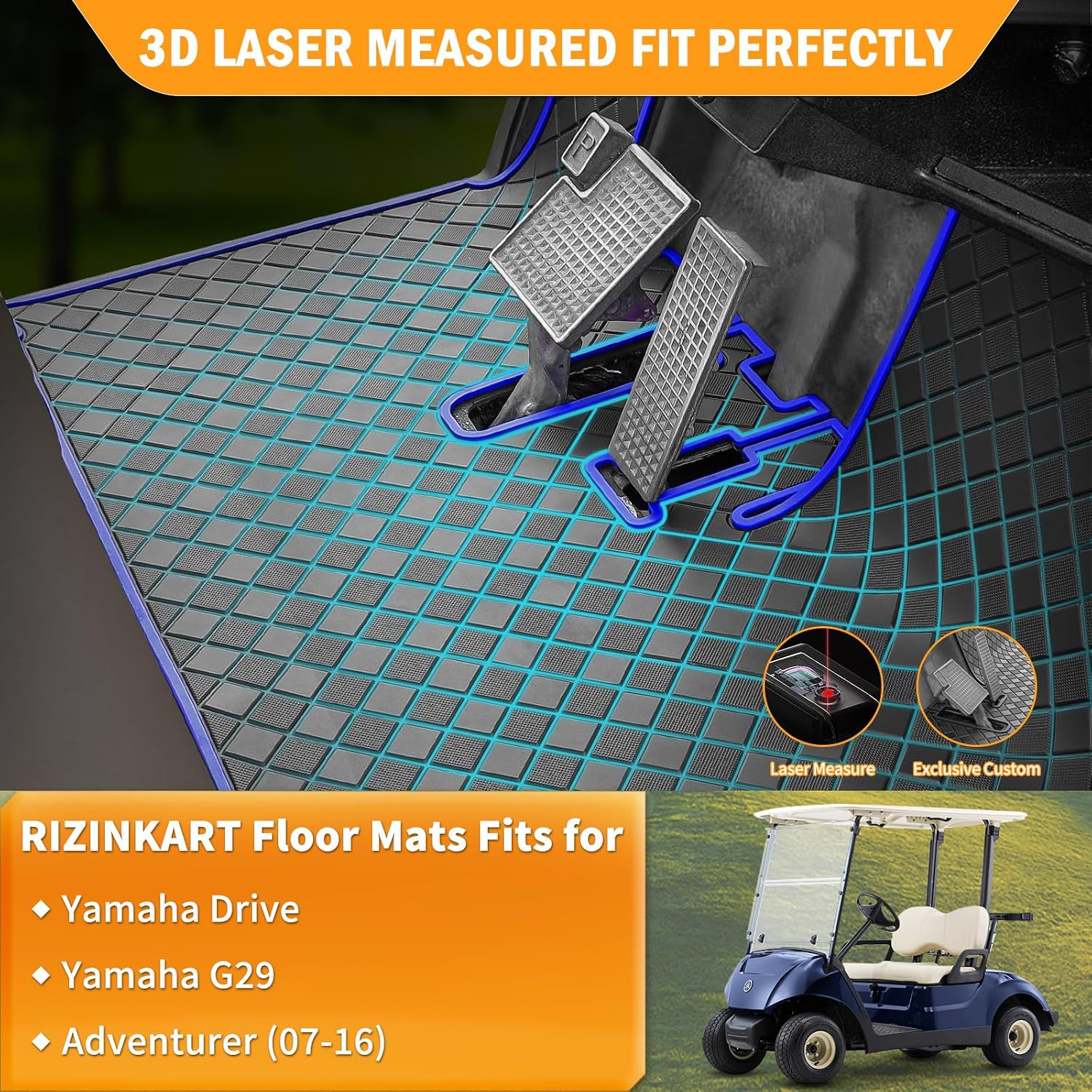 8mm Heavy Duty Rubber Golf Cart Floor Mat, Upgraded Full Coverage Liner for Yamaha G29/Drive (Gen1) 2007-2016, YDR, Adventurer Carts, Premium Non-Slip Front Feet Liner Mat Replacement-Blue Trim