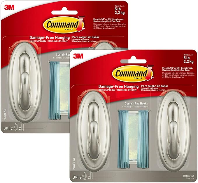 Command Curtain Rod Hooks for 1/2" or 5/8" Diameter Rods, Total 4 Hooks