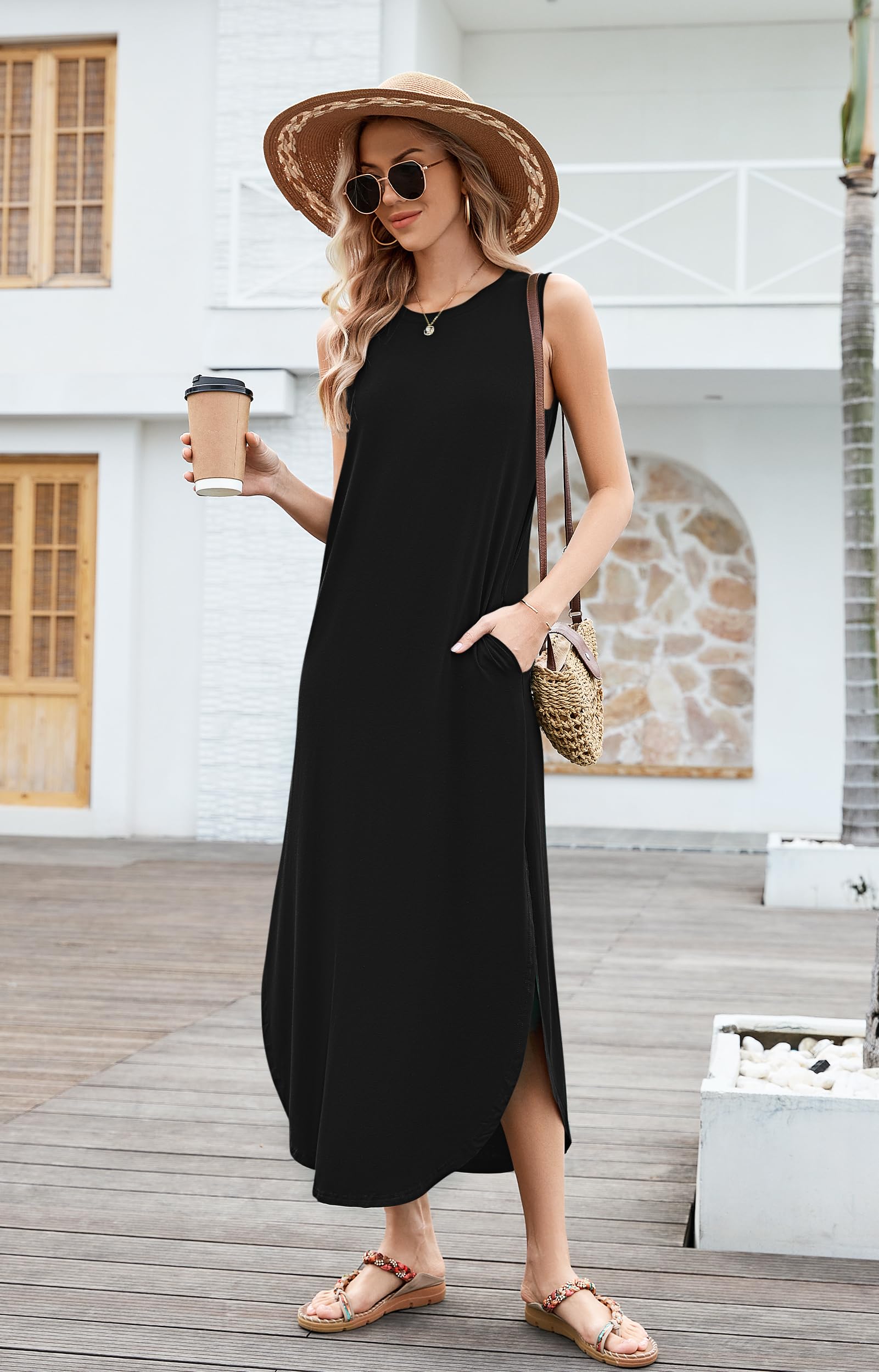 AUSELILY Robe Longue Femme Ete sans Manches Robe de Plage Maxi Casual Femme Longue avec Poches