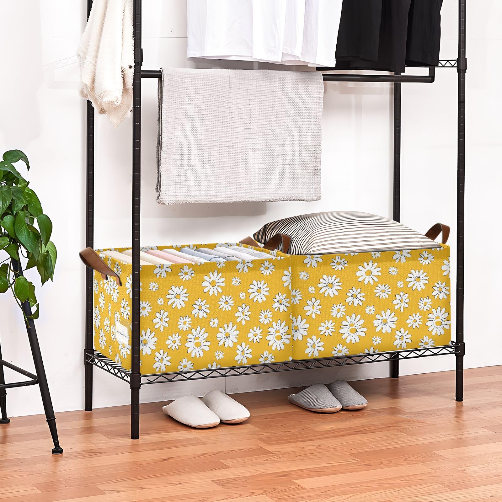 KLL Żółta stokrotka kosze półkowe z uchwytami, składane pojemniki do przechowywania tkanin, do organizacji, półek, ubrań, domu, biura, 2-pak cajas de almacenamiento para closet