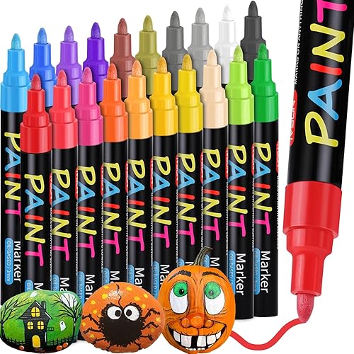 IVSUN Paint Pens Paint Markers, 20 Colors Oil-Based Waterproof Marker Pen Set, Never Fade Quick Dry and Permanent, Works on Rocks Painting, Wood, Fabric, Plastic, Canvas, Glass, Mugs