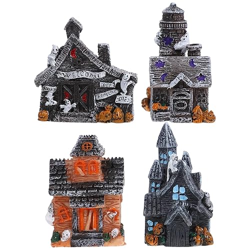 LOGOFUN 4pcs Halloween Miniature House Statue Resin Mini Haunted House