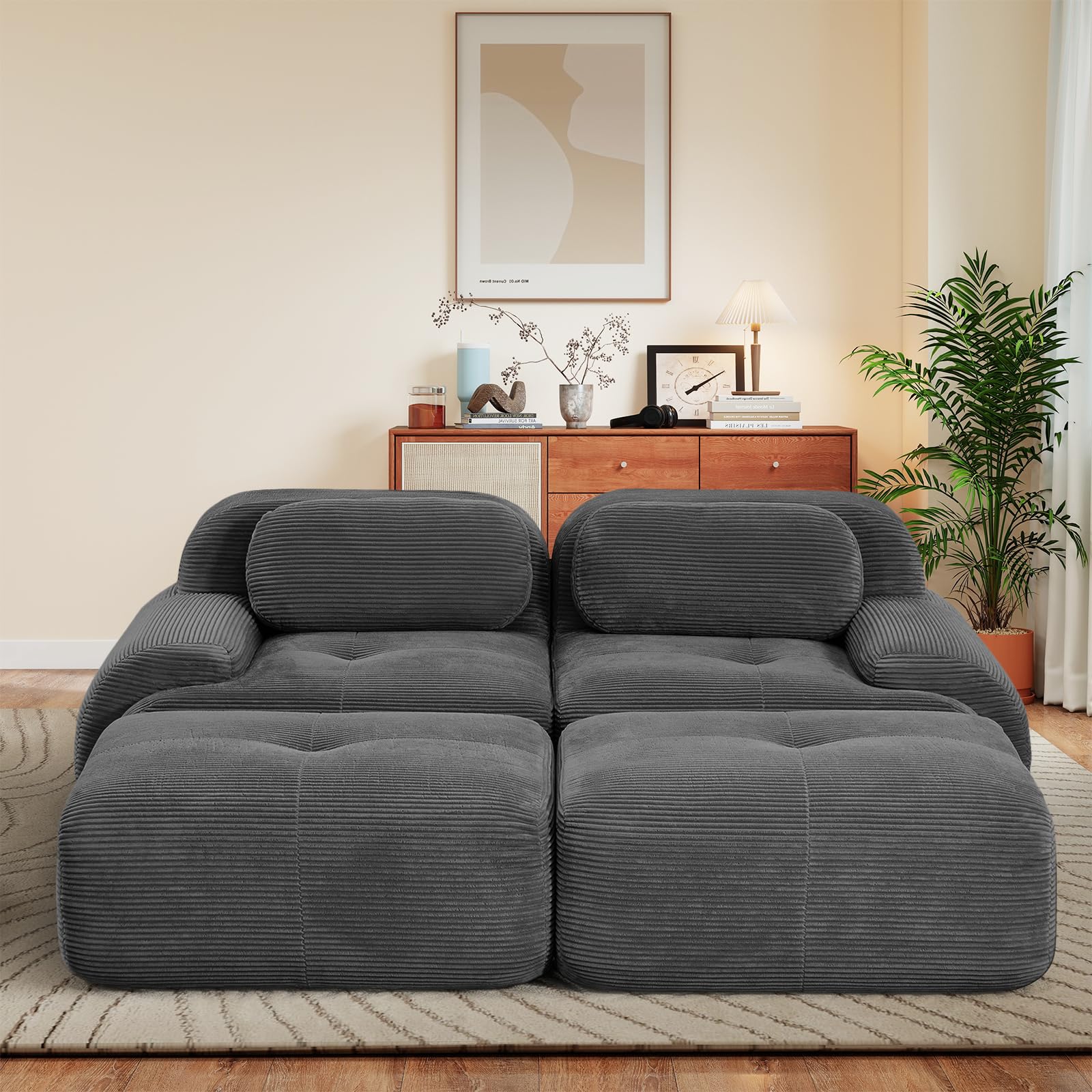 Cloud-Stil modulares Bodensofa, tiefes Sitzsofa 2 Sitzer mit 2 Hockern, Cordstoff, kein Aufbau erforderlich, für Wohnzimmer, Lounge und Schlafzimmer,Grau