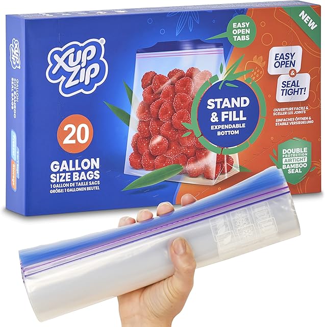 20 x Premium Food Storage Freezer Bags by XupZip | Large UK Gallon Size 4.55L, Reusable, Heavy-Duty Plastic | Airtight and Leakproof Bamboo Seal | BPA Free (Gallon / 4.55L - 20 Bags)