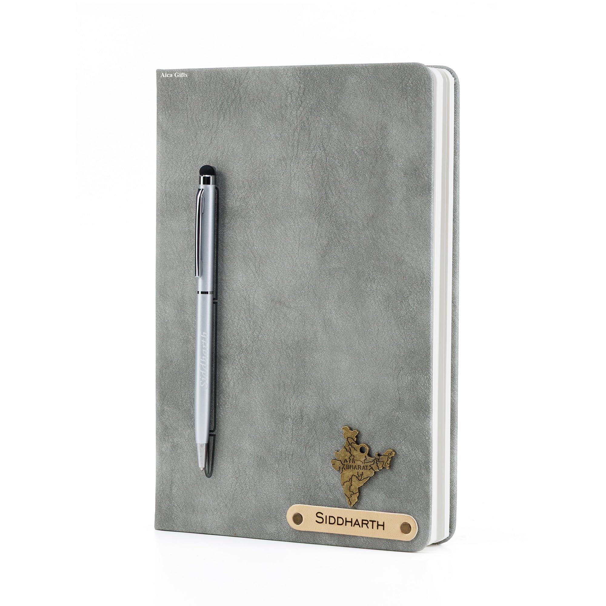AICA Personalized Name & Charm Magnetic Stick Leather (Grey) Diary & Roller Pen |Customized Corporate Gift for Men Women |Diwali Gifts for Family and Friends|Diary for Men Women |Gifts For Employee-picture-12