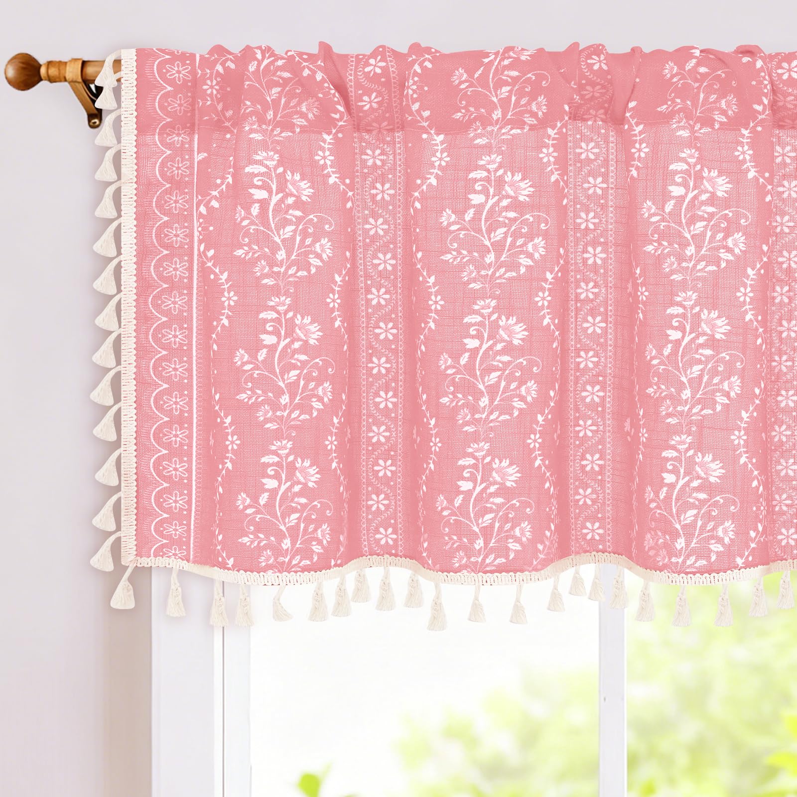 Yinhua Boho Valance Curtains Vintage Linen Pink Kitchen Valances for Windows Light Filtering Bohemian Floral Valance Rod Pocket Farmhouse Tassel Window Valances for Bathroom Cafe, 52" W X 18" L