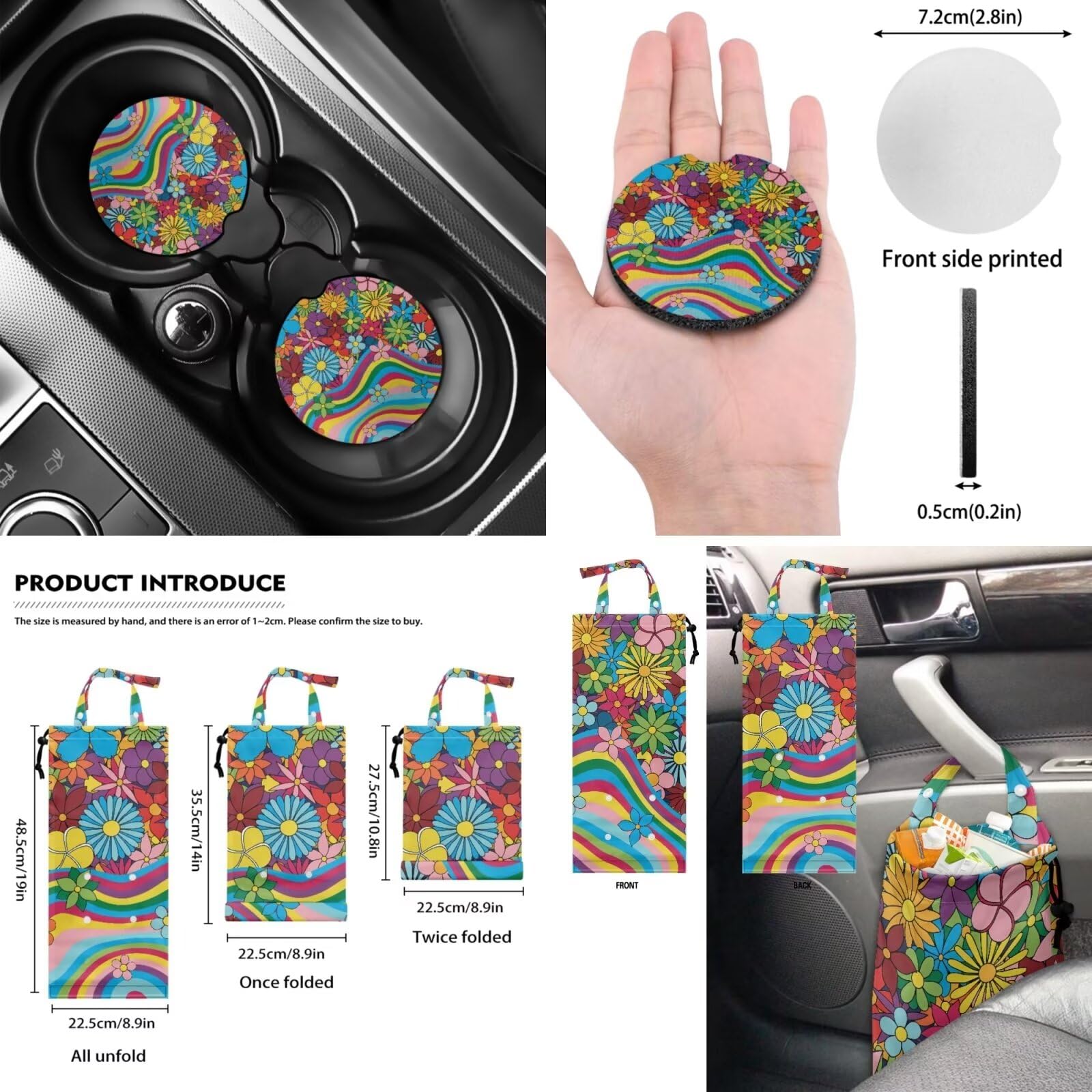 Juego completo de fundas para asientos de coche 70S Floral, juego de 10 con estampado de ondas arcoíris hippie, funda para volante, bolsa de basura