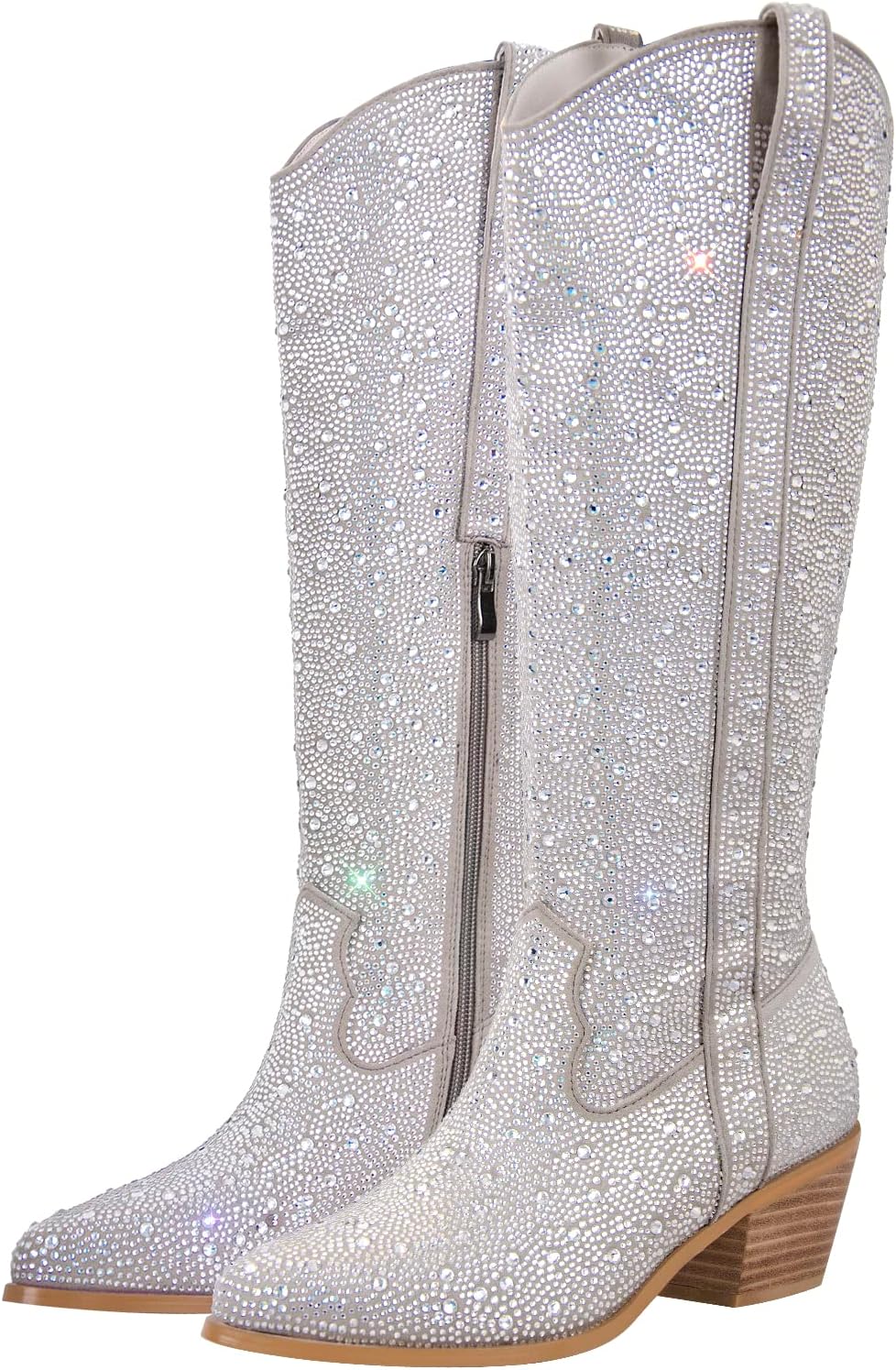 Rhinestones Cowgirl Cowboy Boots for Women Wide Calf Long Booties Wedding Dress