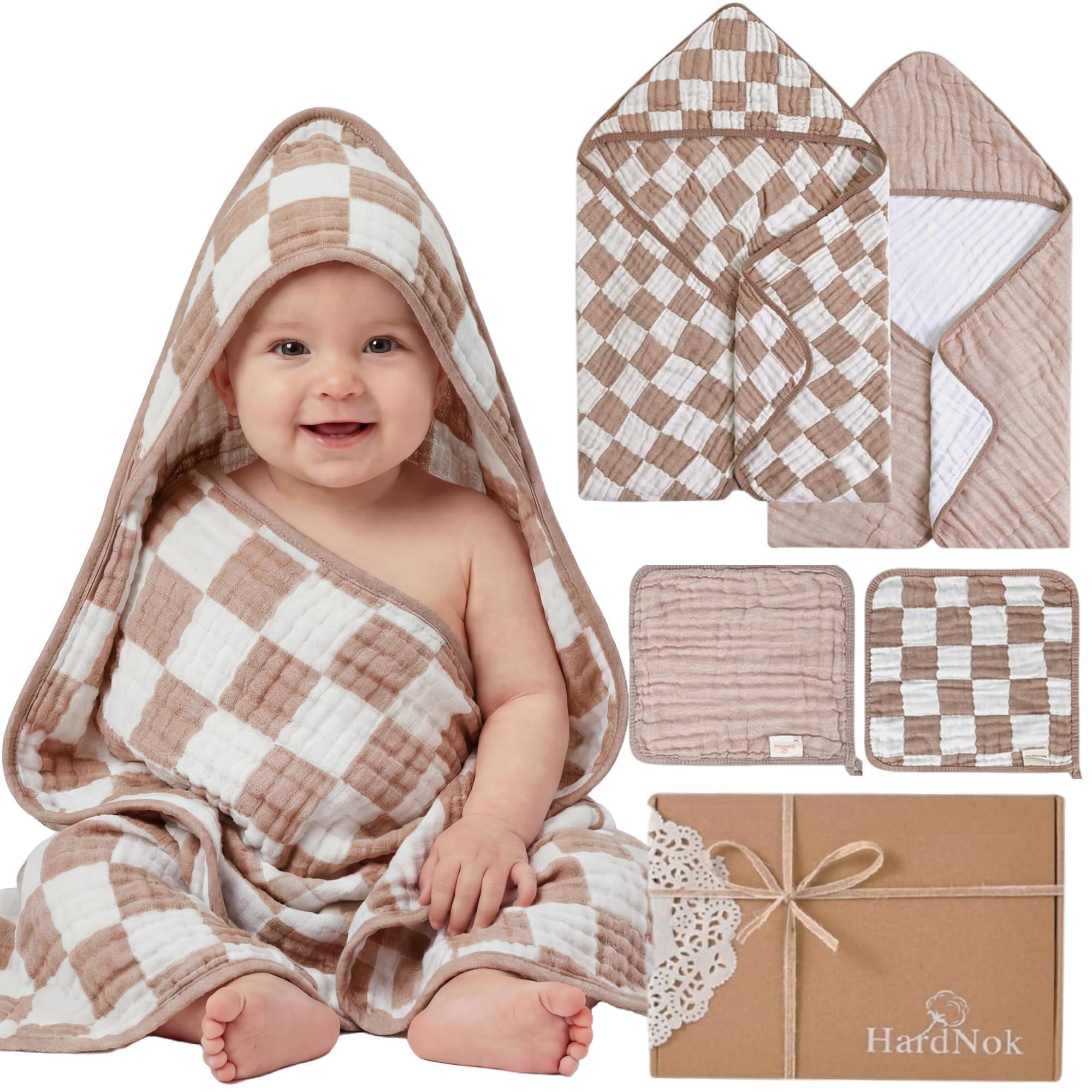 Juego de toallas de muselina ultrasuave, 4 piezas, mezcla de muselina y viscosa de bambú, ideal para baño y playa, perfecto para bebés niños y niñas, (café a cuadros, 32 x 32 pulgadas)