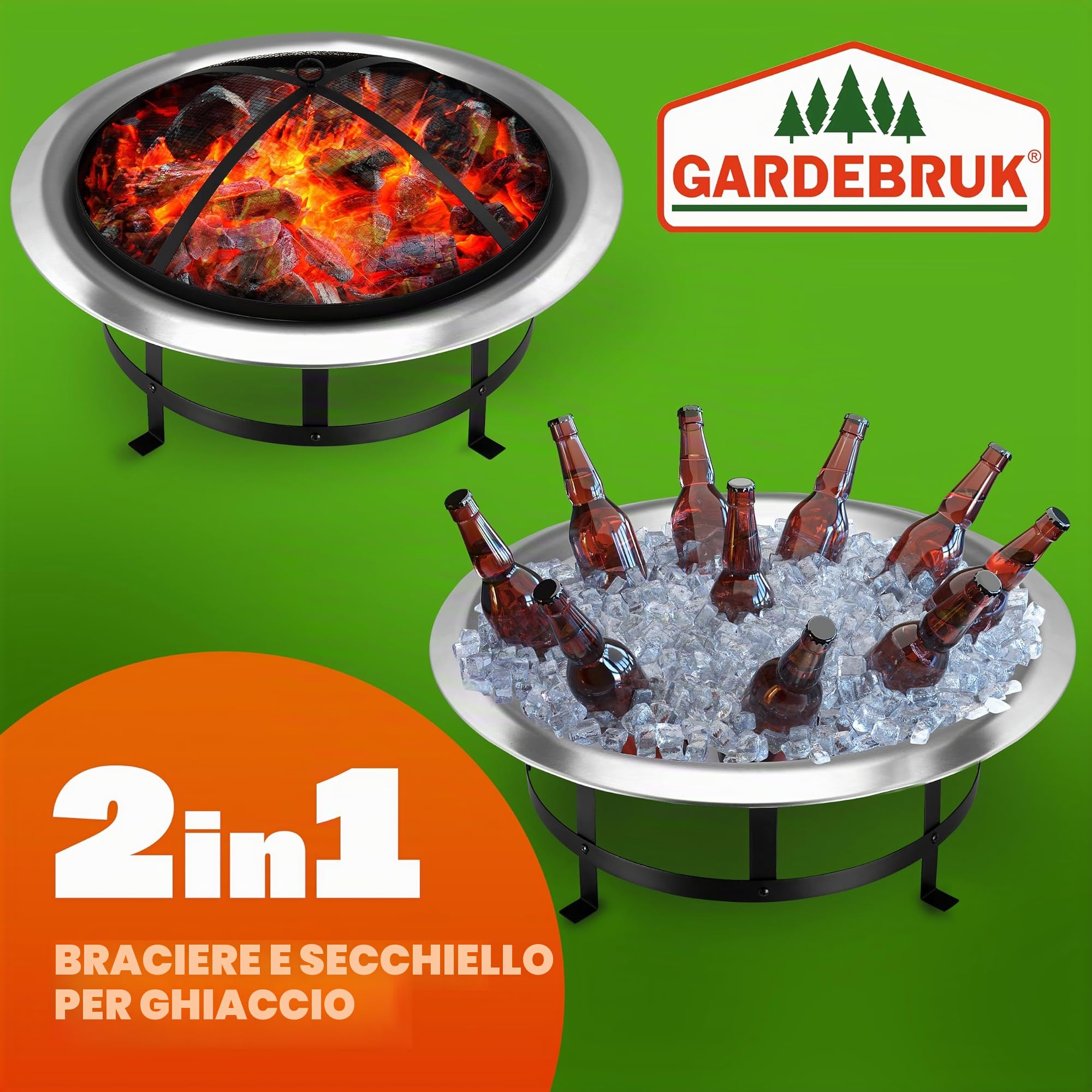 Gardebruk Braciere da Esterno Acciaio Inox Ø 75cm Ciotola da Fuoco Parascintille Attizzatoio Bracieri