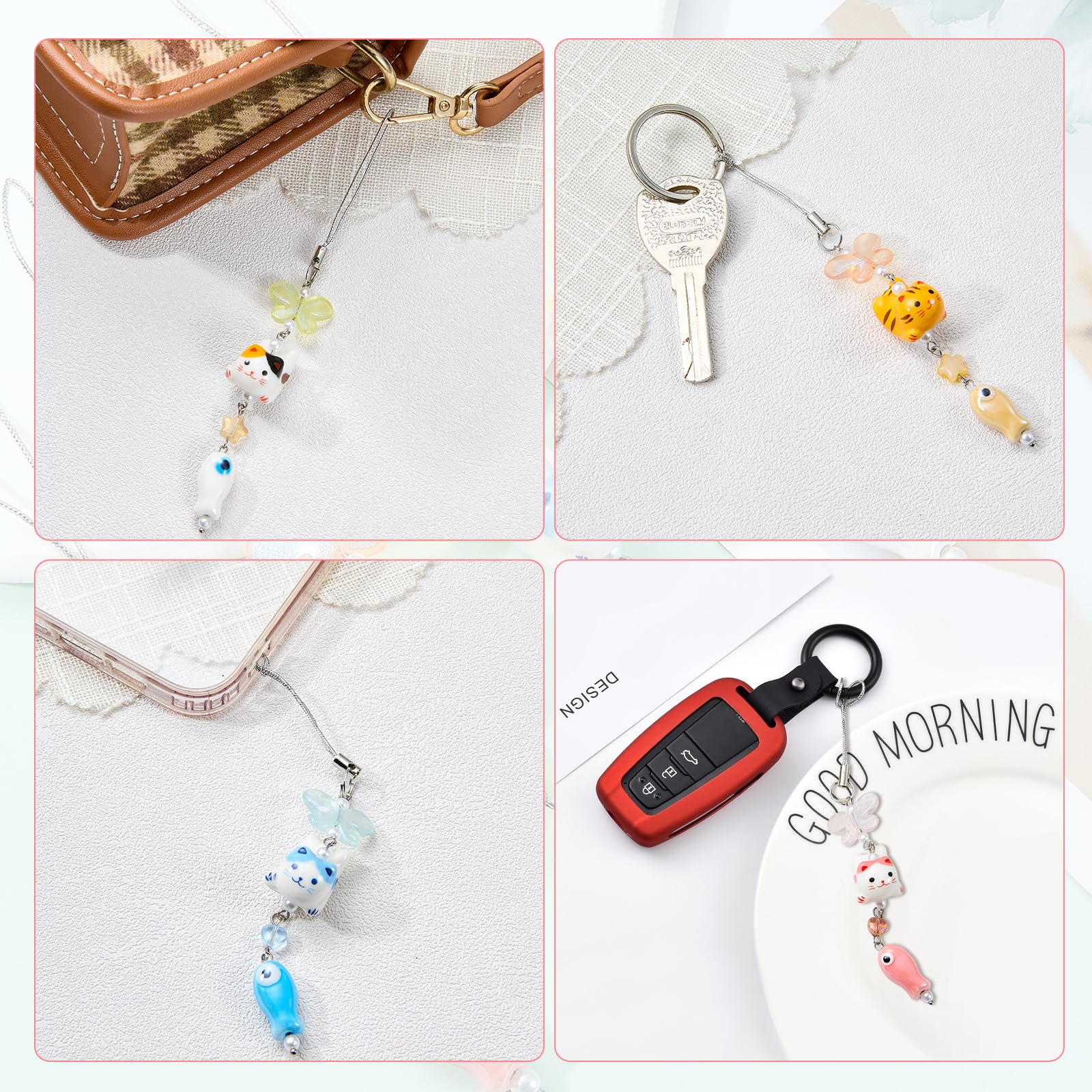 BEEFLYING 1 Pièce Pendentif Téléphone Chat Orange Pendentif Papillon Raffiné en Perles Breloque Porcelaine Poisson Pour Porte-clés et Sacs