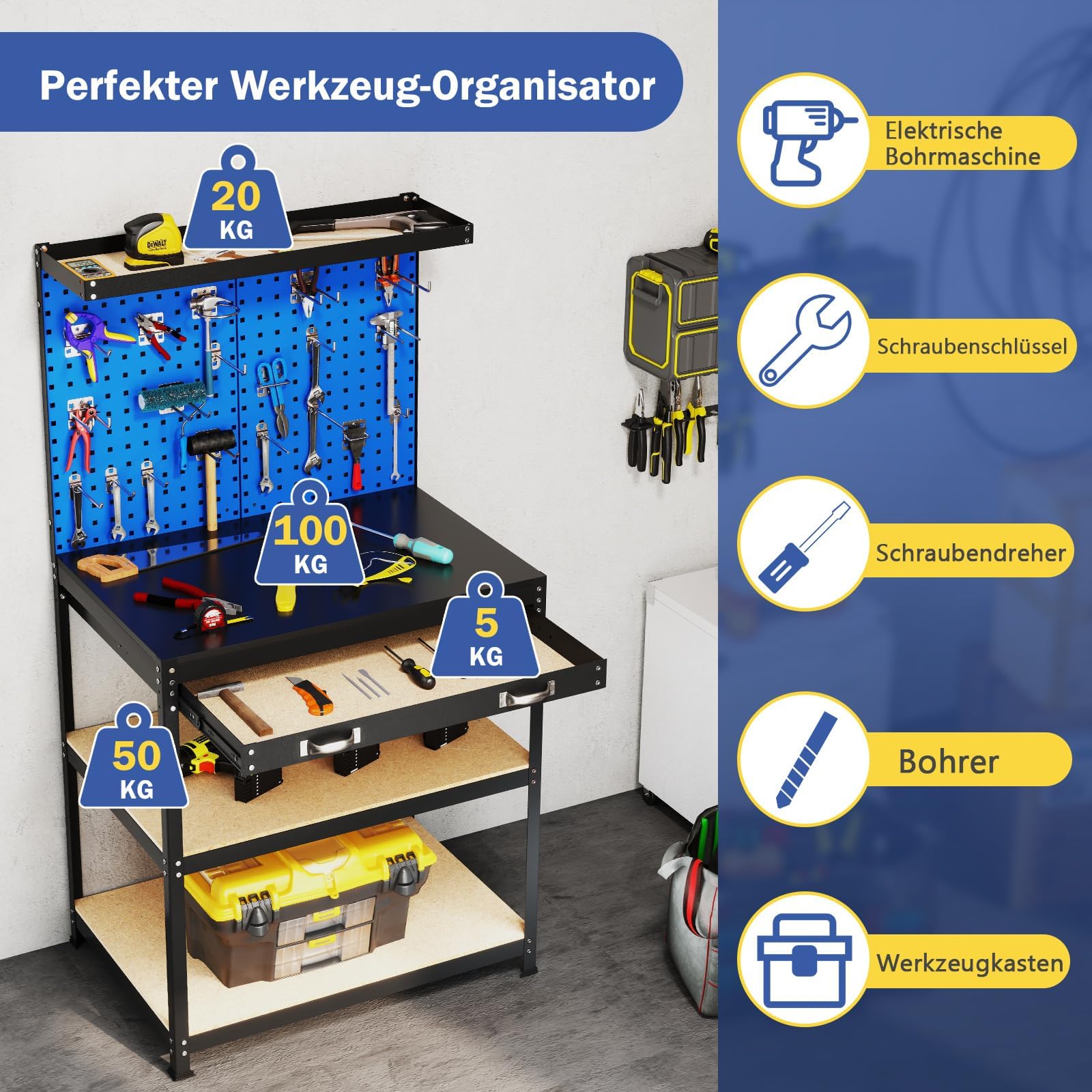 FANTASK Werktisch Werkzeugbank, 225 kg Tragkraft Arbeitstisch mit regalen & 20 Hängehaken & Lochwand & Schubladen, Werkbank für Garage, Werkstatt & Haus, 81x41x156 cm (Blau)