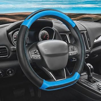 Flat Bottom Steering Wheel Cover for BMW Z4 G29 M Sport 2019 15 Inch, Steering Wheel Accessories, Anti-Slip, Breathable, Car Interior Accessories, Nappa Leather and PVC, D-Shape, Black & Blue