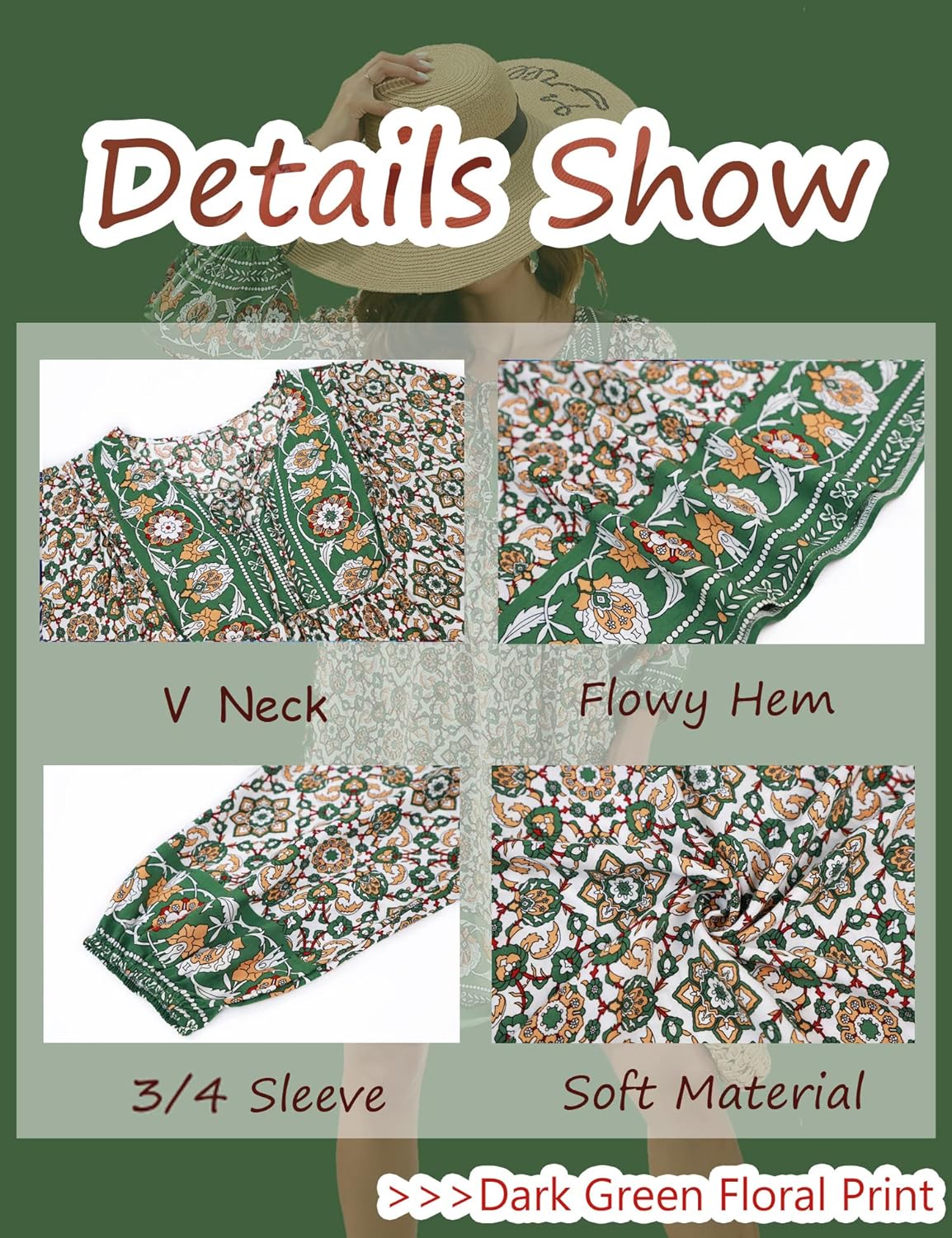 Bluetime Women Casual Summer Dress Boho V Neck 3/4 Sleeve Babydoll Floral Print Flowy Beach Dress - Image 6