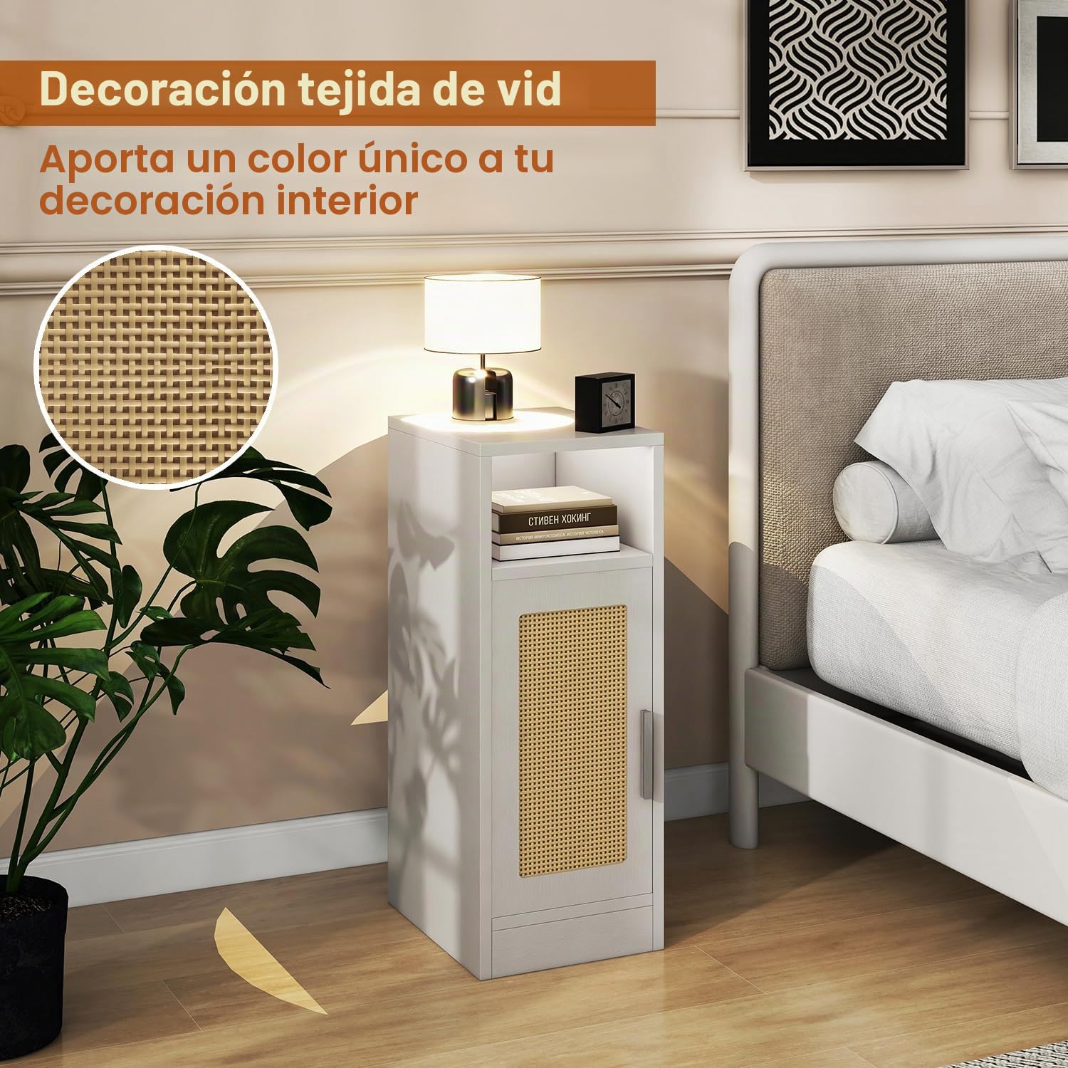 IBUYKE Mesitas de Noche Estrechas Pack 2,de Ratán,Blanco WNS012W-2 | con Compartimentos Abiertos y Armario,Puerta magnética,para Espacios Pequeños, Mesa Auxiliar para Dormitorio,Salón