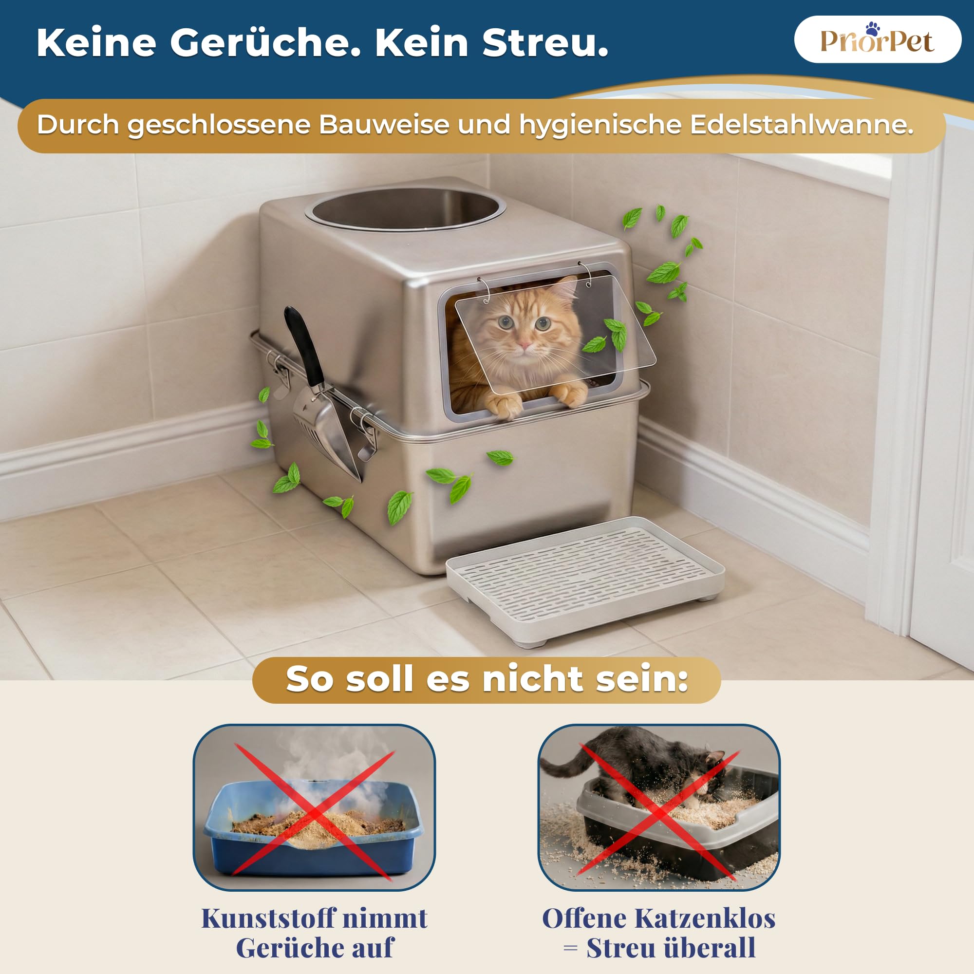 Katzenklo Edelstahl XXL mit Deckel – Katzenklo mit Frontklappe & Top-Einstieg – 38L Katzentoilette Edelstahl – 60x41,5x40 cm – Leicht zu Reinigen & Geruchsresistent mit Streufang-Stufe