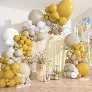 Ouddy Party 149Pcs Mustard Yellow Balloon Arch Garland Kit Different Sizes 18 12 10 5Inch, 6Pcs 18” Sand White Pastel Yellow Balloons for Sunflower Bee Wedding Baby Shower Birthday Party Decorations