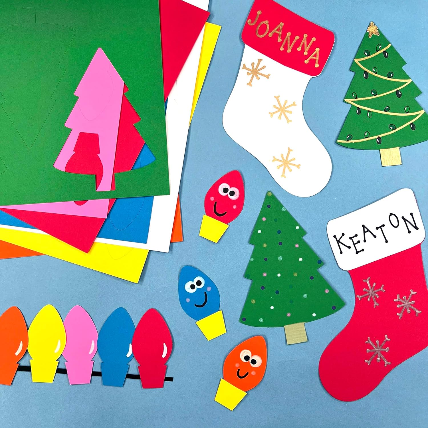 164 Pieces Christmas Trees, Stockings, Light Bulb Punch Out Paper Cutouts in Holiday Colors, 2-Sided US Made Card Stock for Crafts, Bulletin Boards, Classroom, Posters, and Christmas Party Decorations