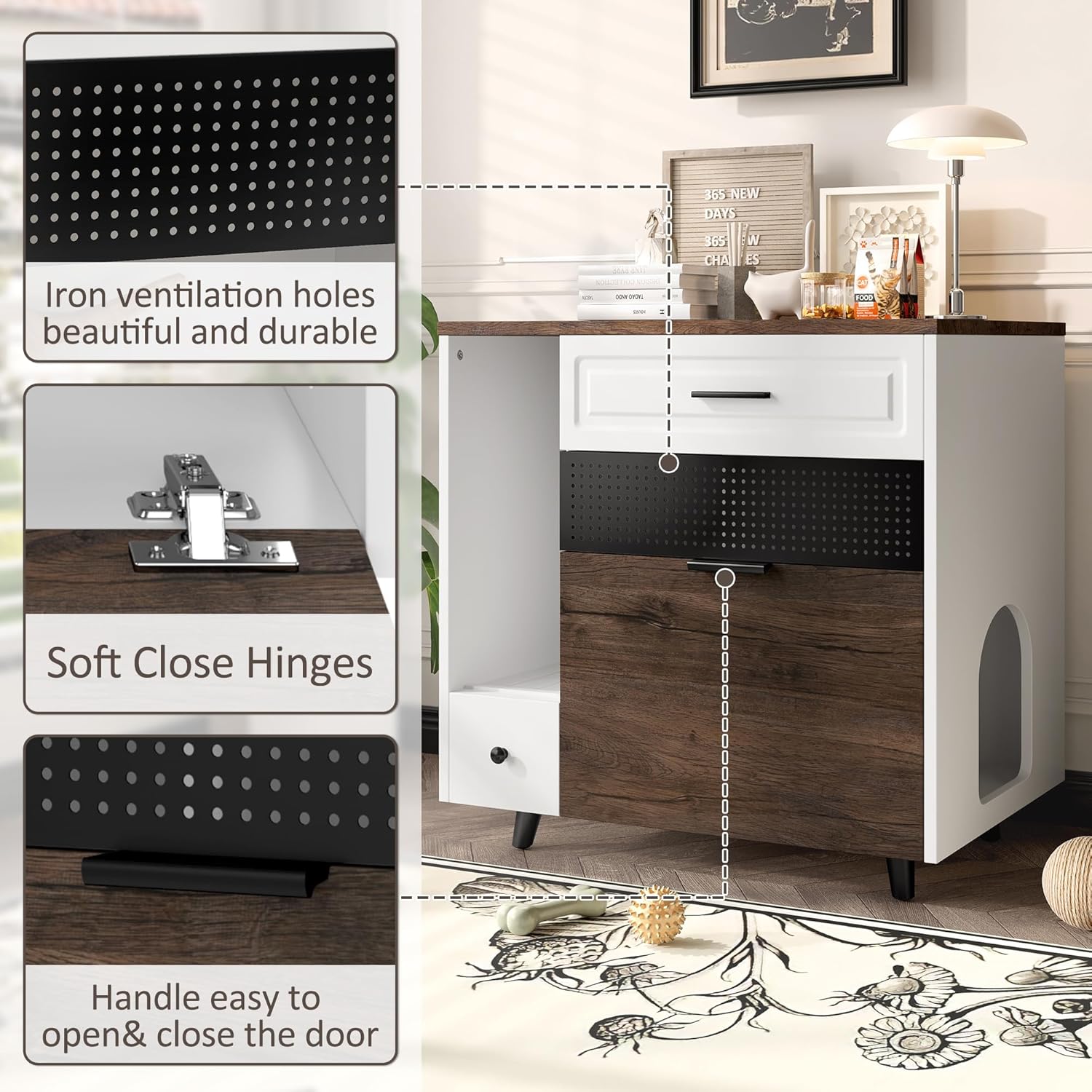 Modern Cat Litter Box Furniture Cabinet, White and Brown, MDF with Iron Frame, 31.8x22x31.8 Inch, Hidden Drawer Storage, Indoor Pet House End Table