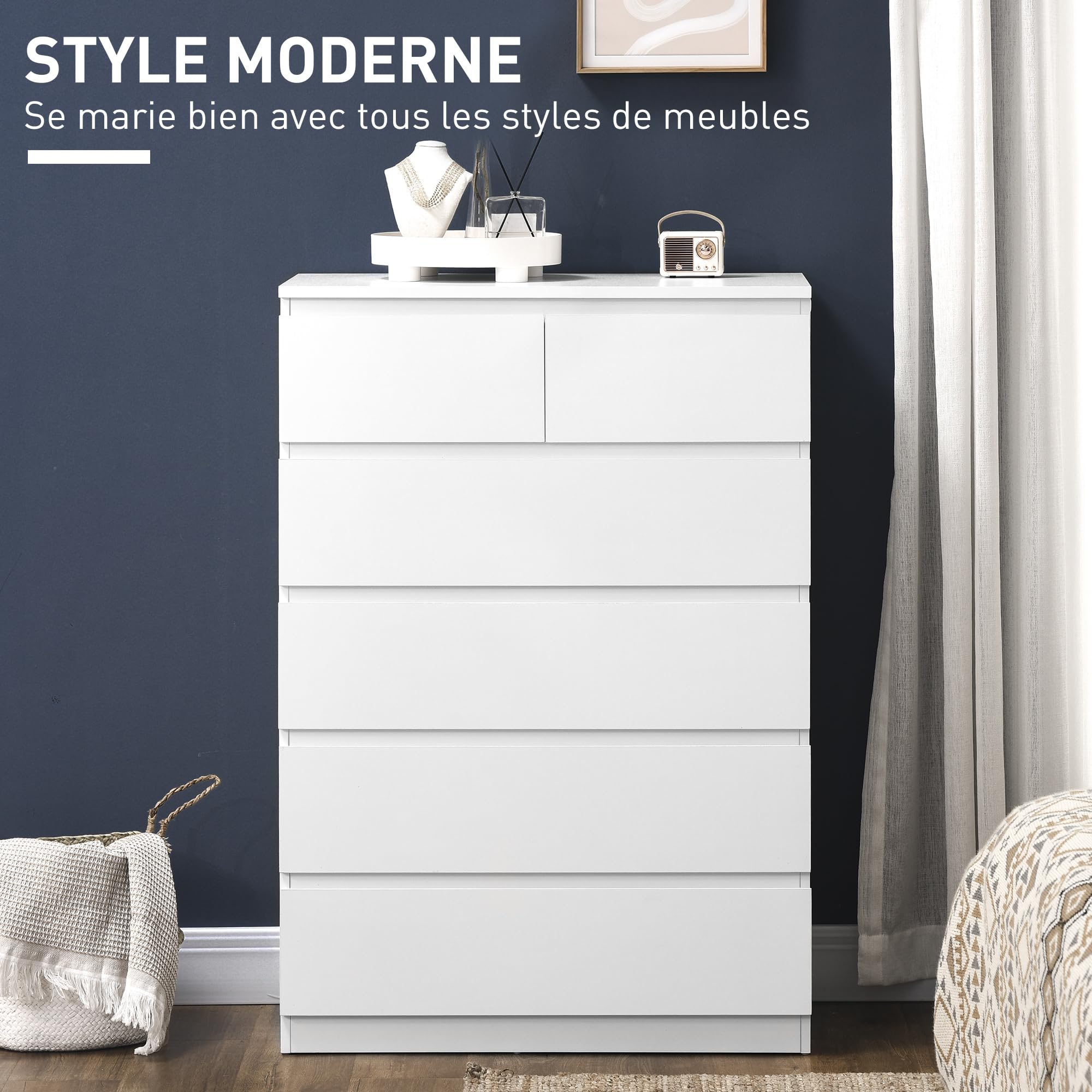 HOMCOM Commode 6 tiroirs, Meuble de Rangement étroit sans poignées, Style Moderne, Commode pour Chambre à Coucher, Salon, Couloir, 80 x 39 x 115 cm, Blanc