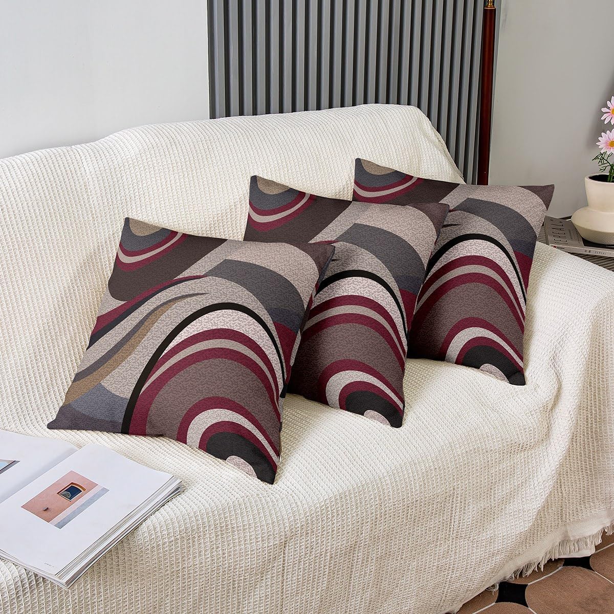 Feelyou Pack of 2 Geometric Decor Outdoor Throw Pillow Covers, Soft Stripe Line Red Grey Square Cushion Case Set for Couch Sofa Living Room, Modern Art Porch Pillows Cases Pillowcases, 24x24 Inches